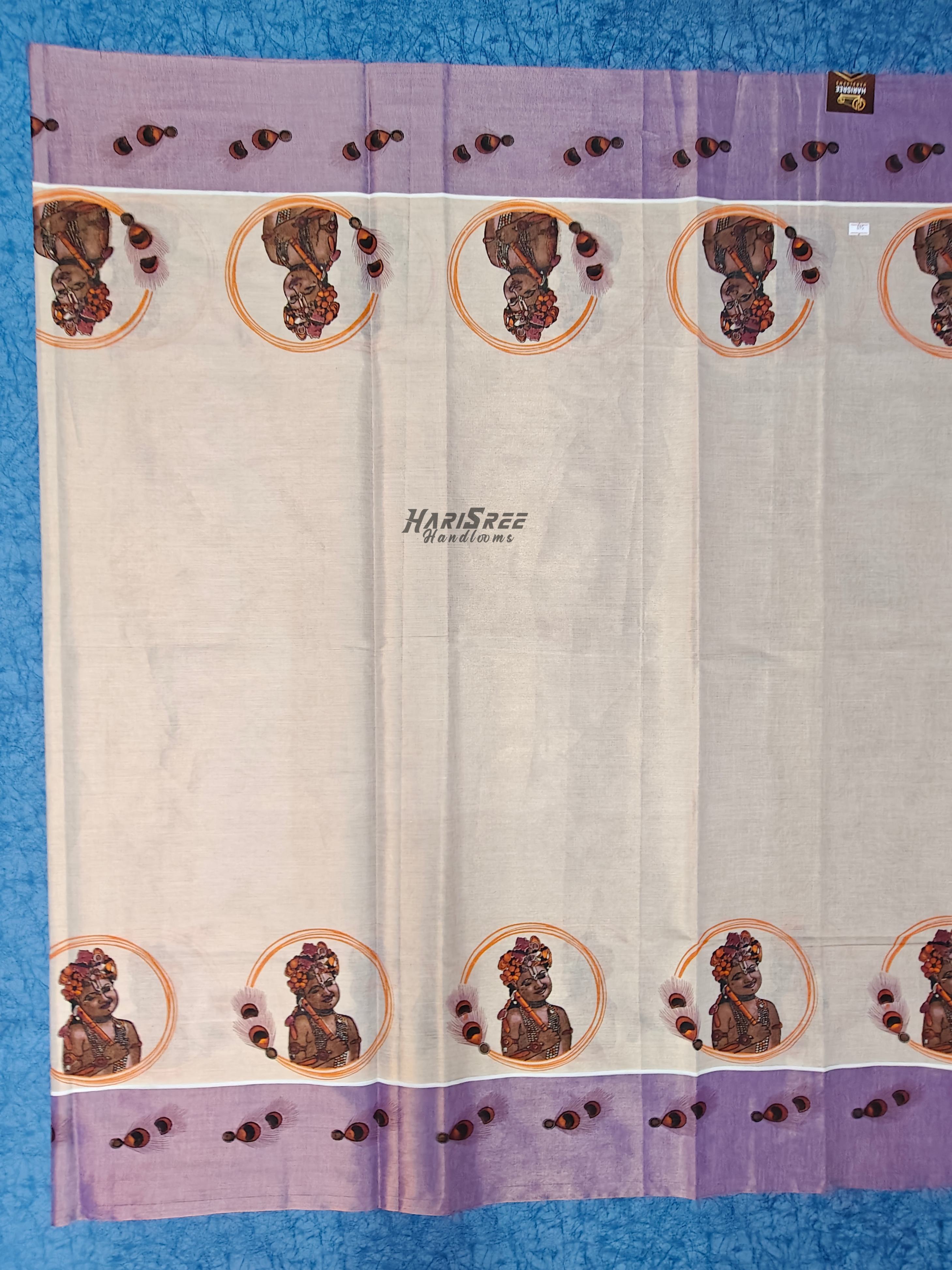 Kerala Kasavu Saree with Lavender Border & Krishna Flute Motif | Tissue Saree - PR105 - Image 4