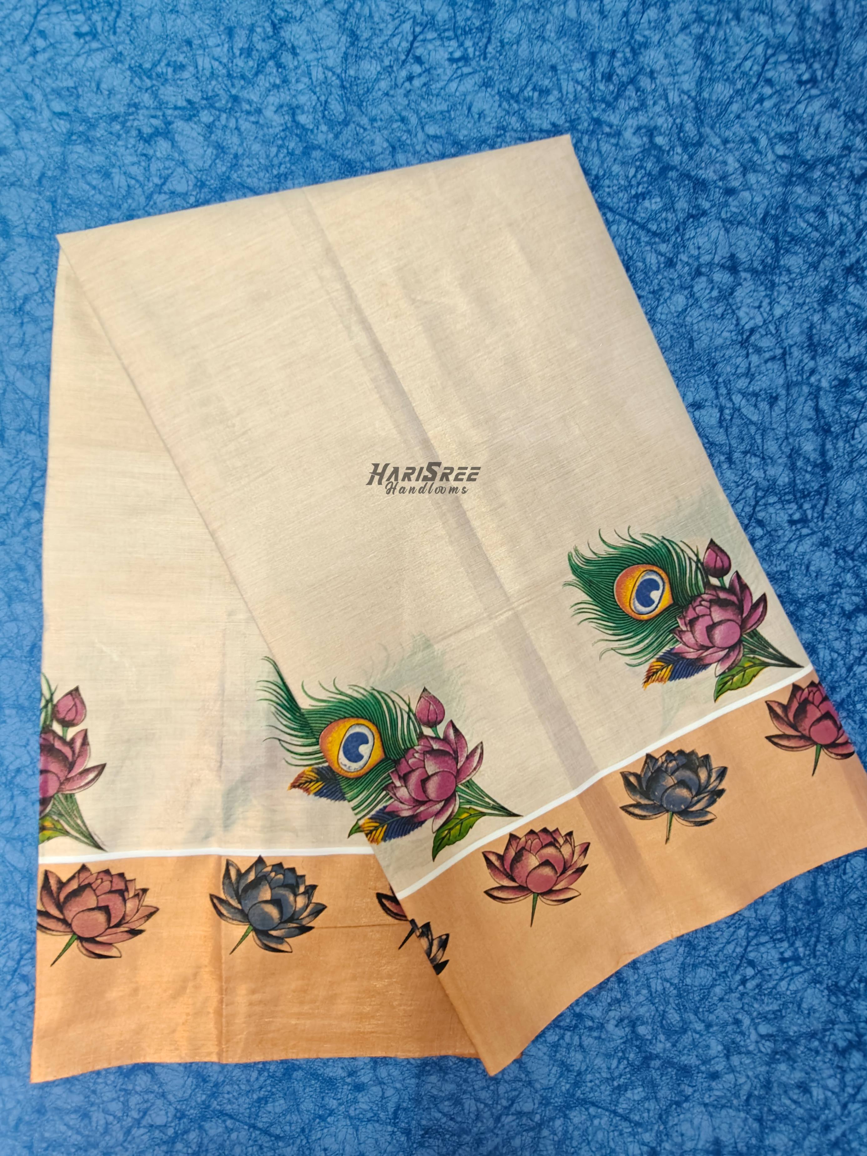 Elegant Kerala Tissue Saree with Floral and Peacock Feather Border - PR106 - Image 1