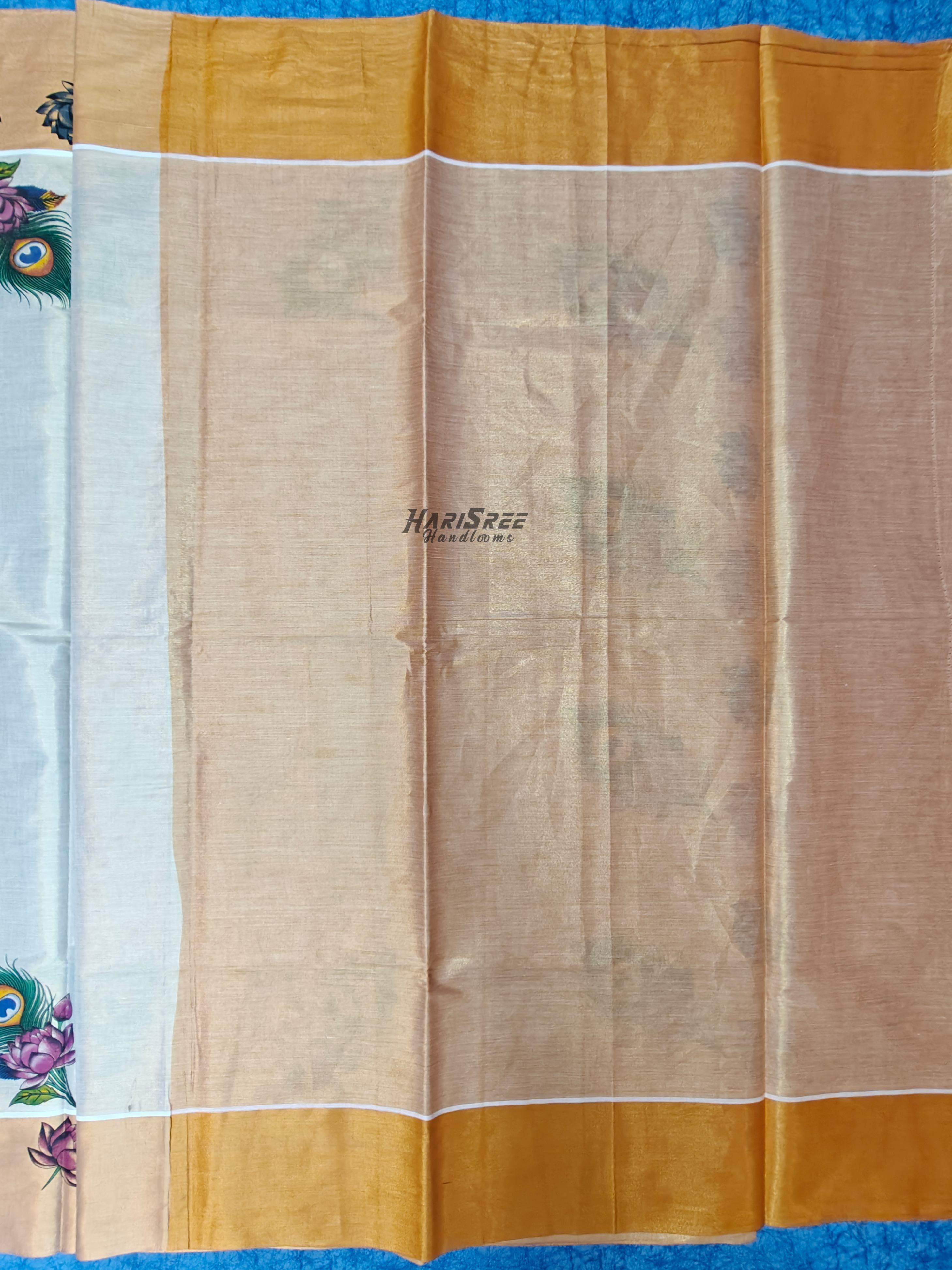 Elegant Kerala Tissue Saree with Floral and Peacock Feather Border - PR106 - Image 2