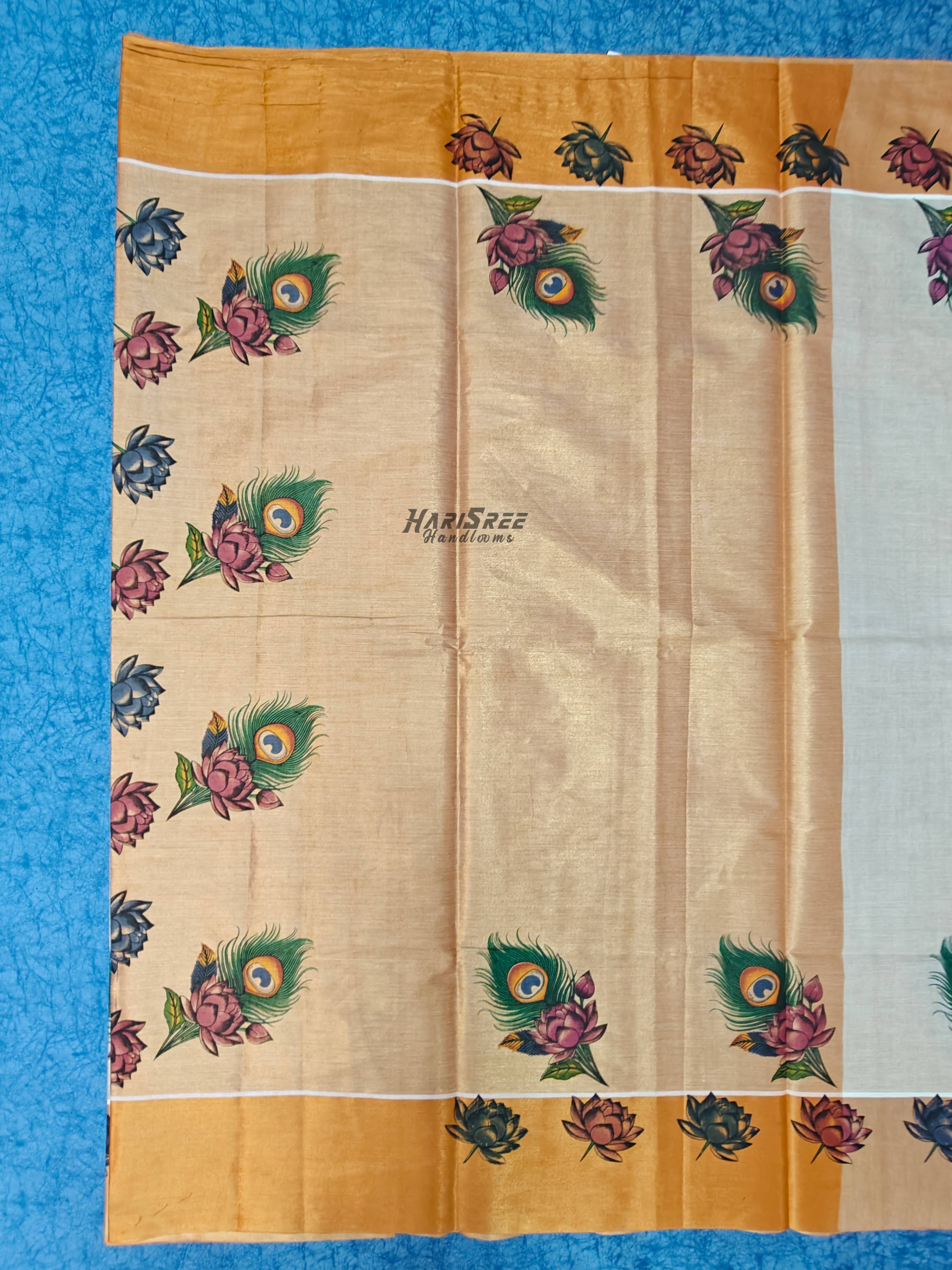 Elegant Kerala Tissue Saree with Floral and Peacock Feather Border - PR106 - Image 3