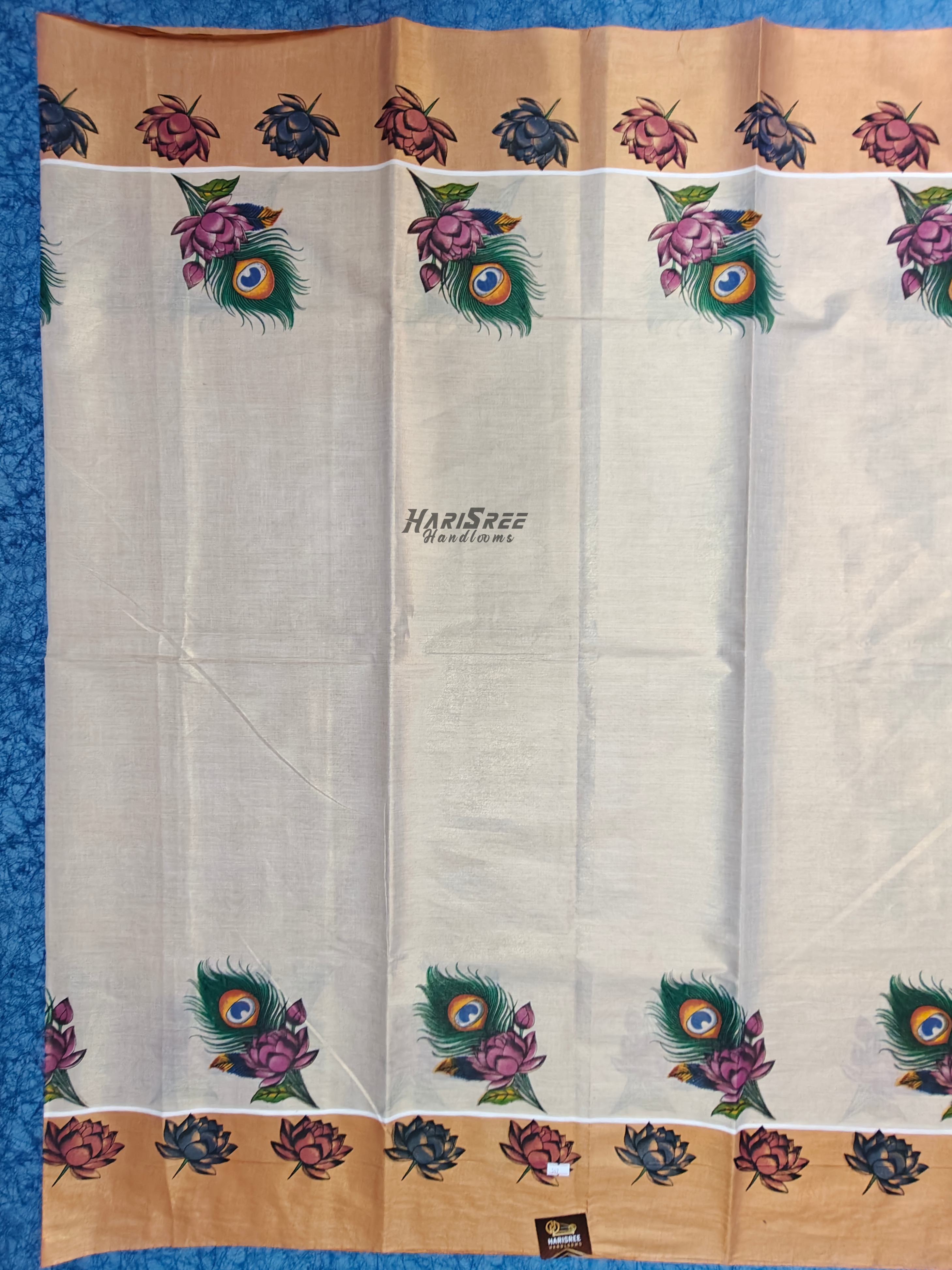 Elegant Kerala Tissue Saree with Floral and Peacock Feather Border - PR106 - Image 4