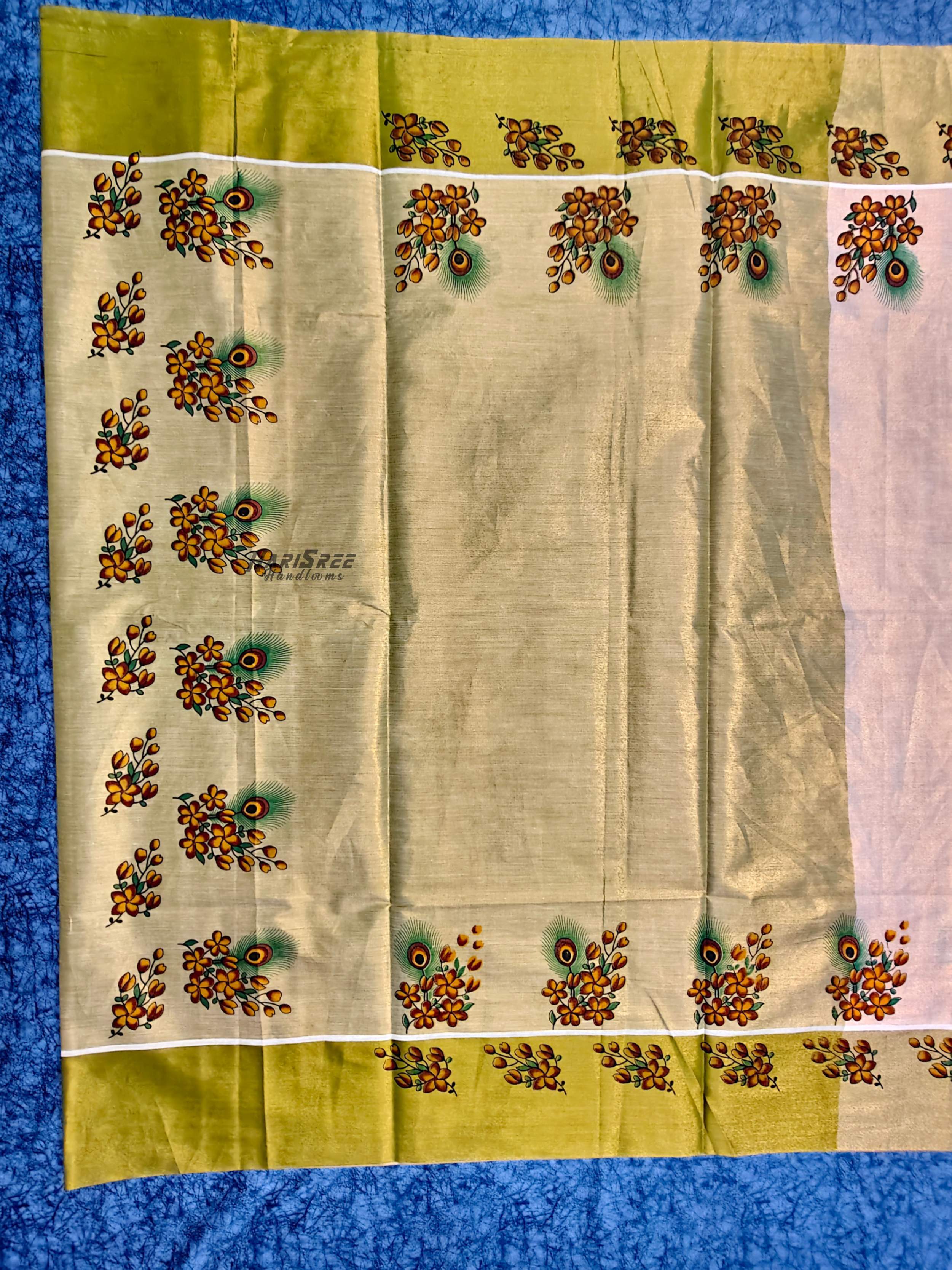 Vishu Special Kerala Kasavu Saree with Green Border Floral Art - PR107 - Image 2