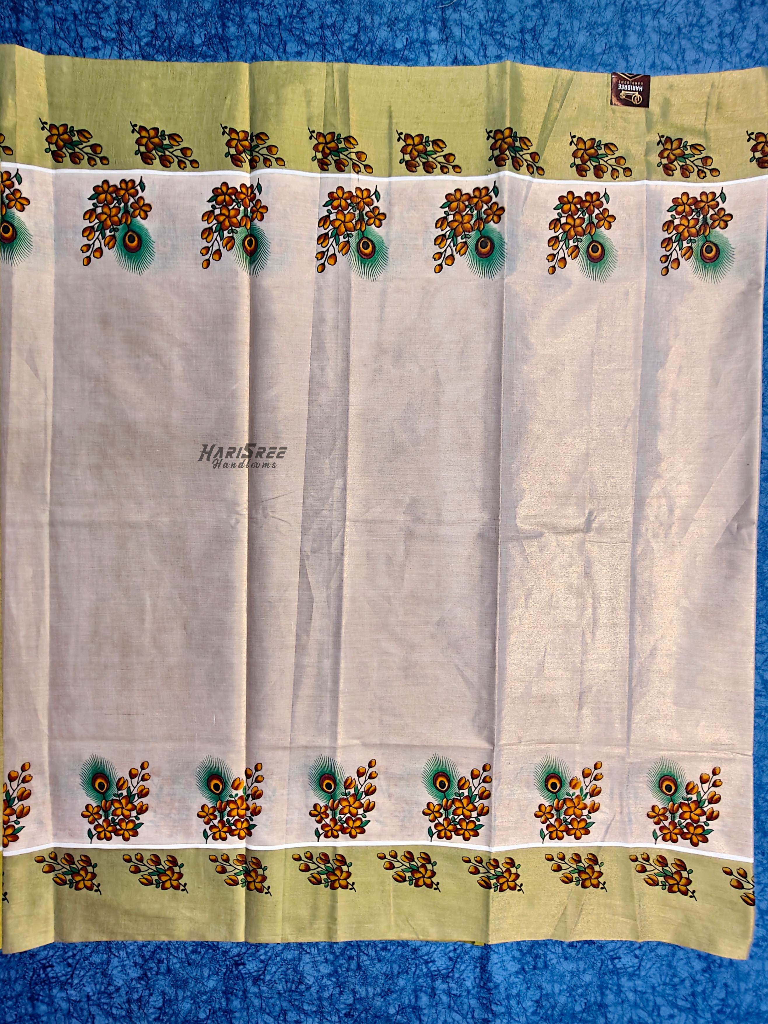 Vishu Special Kerala Kasavu Saree with Green Border Floral Art - PR107 - Image 3