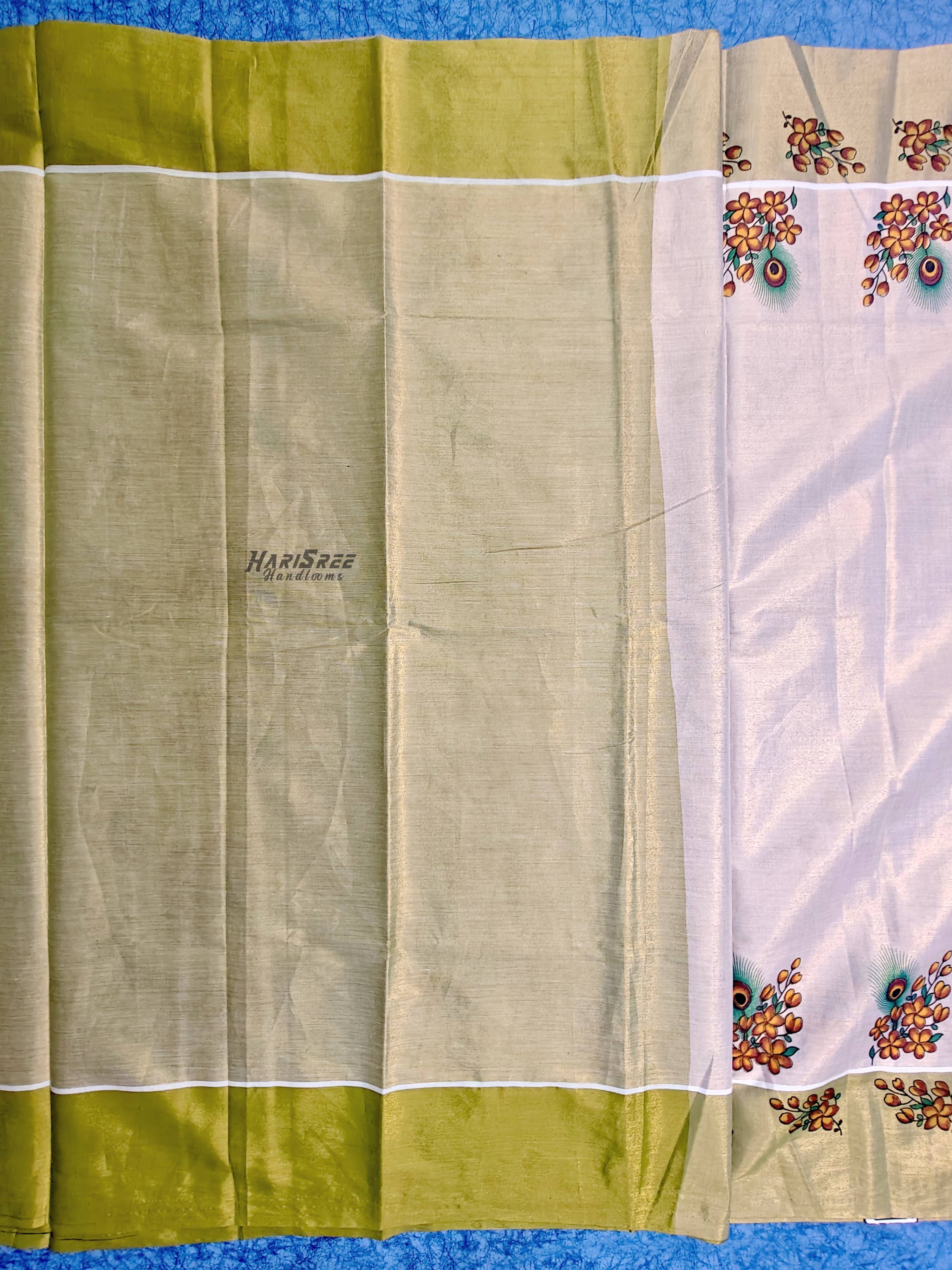 Vishu Special Kerala Kasavu Saree with Green Border Floral Art - PR107 - Image 4