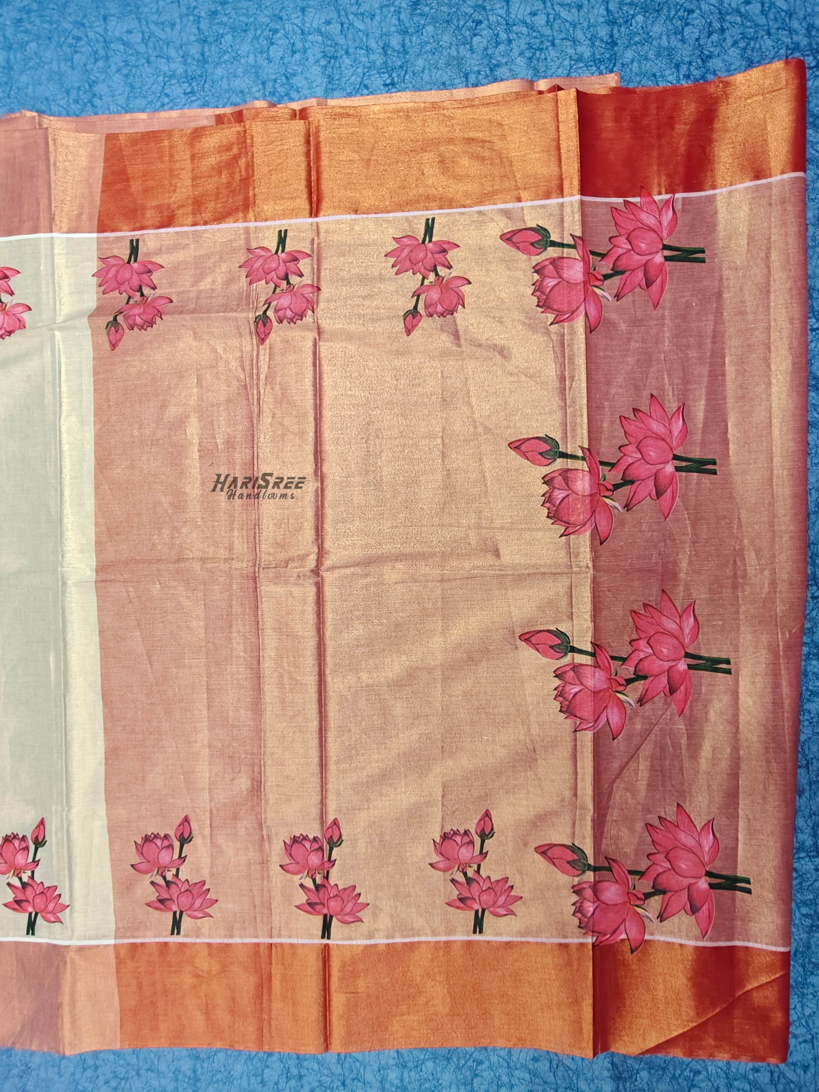 Traditional Kerala Golden Kasavu Tissue Saree with Lotus Design - PR108 - Image 2