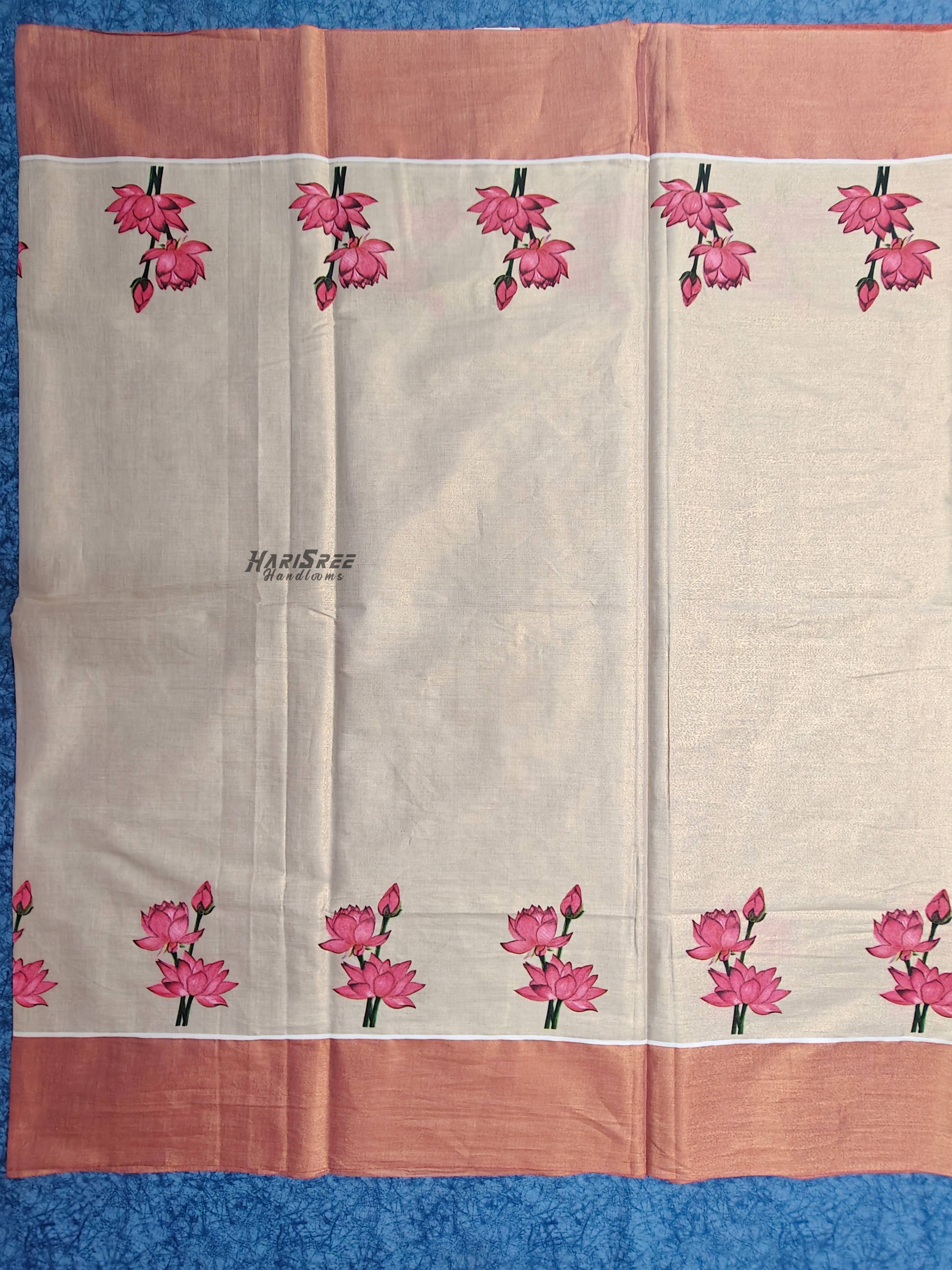 Traditional Kerala Golden Kasavu Tissue Saree with Lotus Design - PR108 - Image 3
