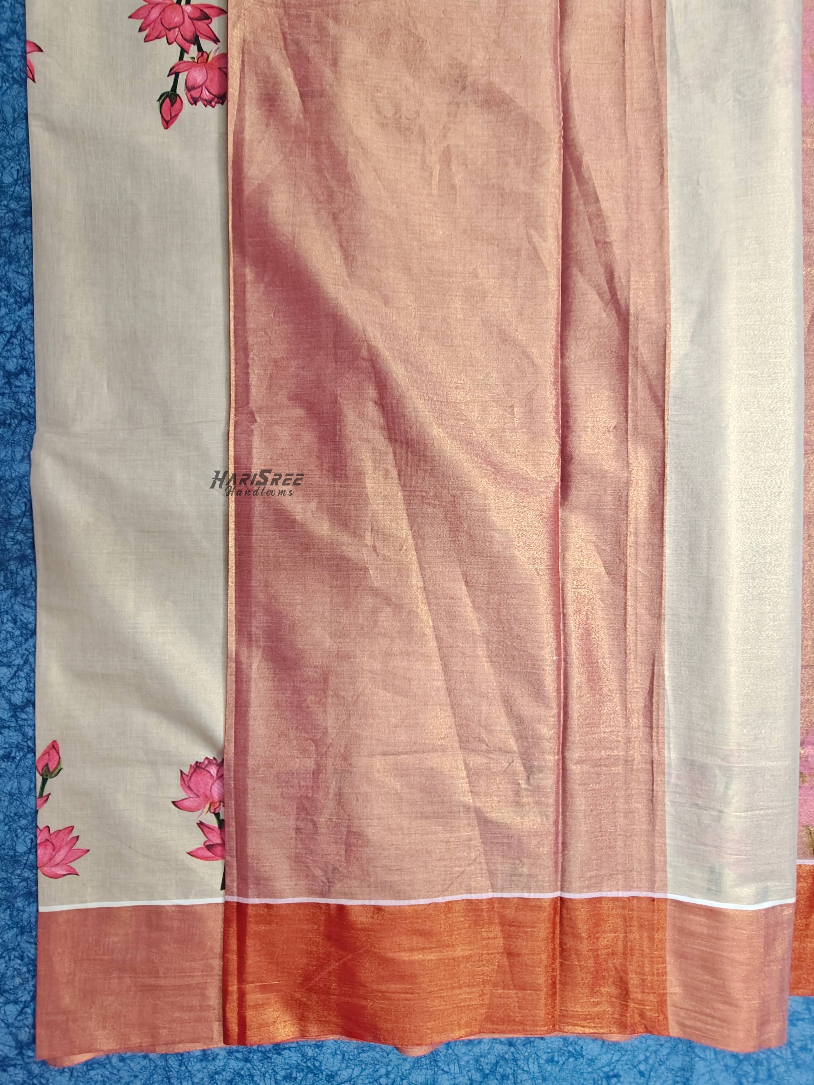 Traditional Kerala Golden Kasavu Tissue Saree with Lotus Design - PR108 - Image 4