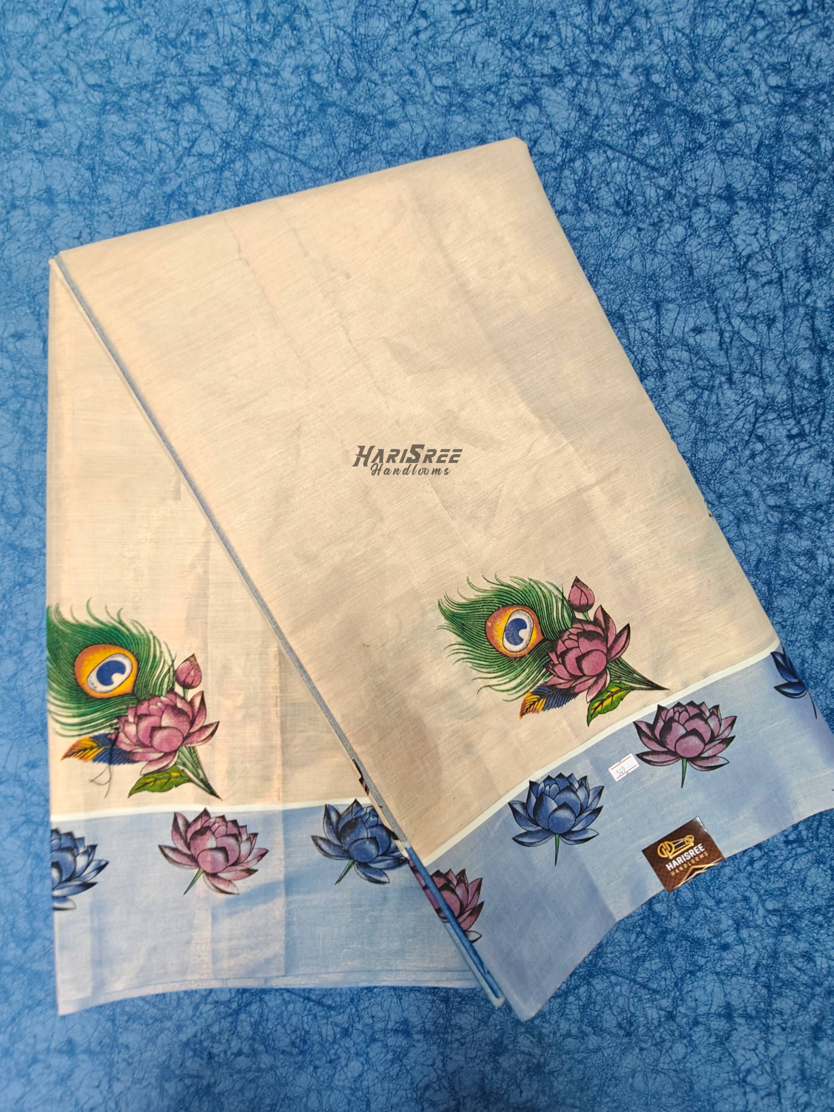 Traditional Kerala Kasavu Saree with Lotus and Peacock Feather Design - PR109 - Image 1
