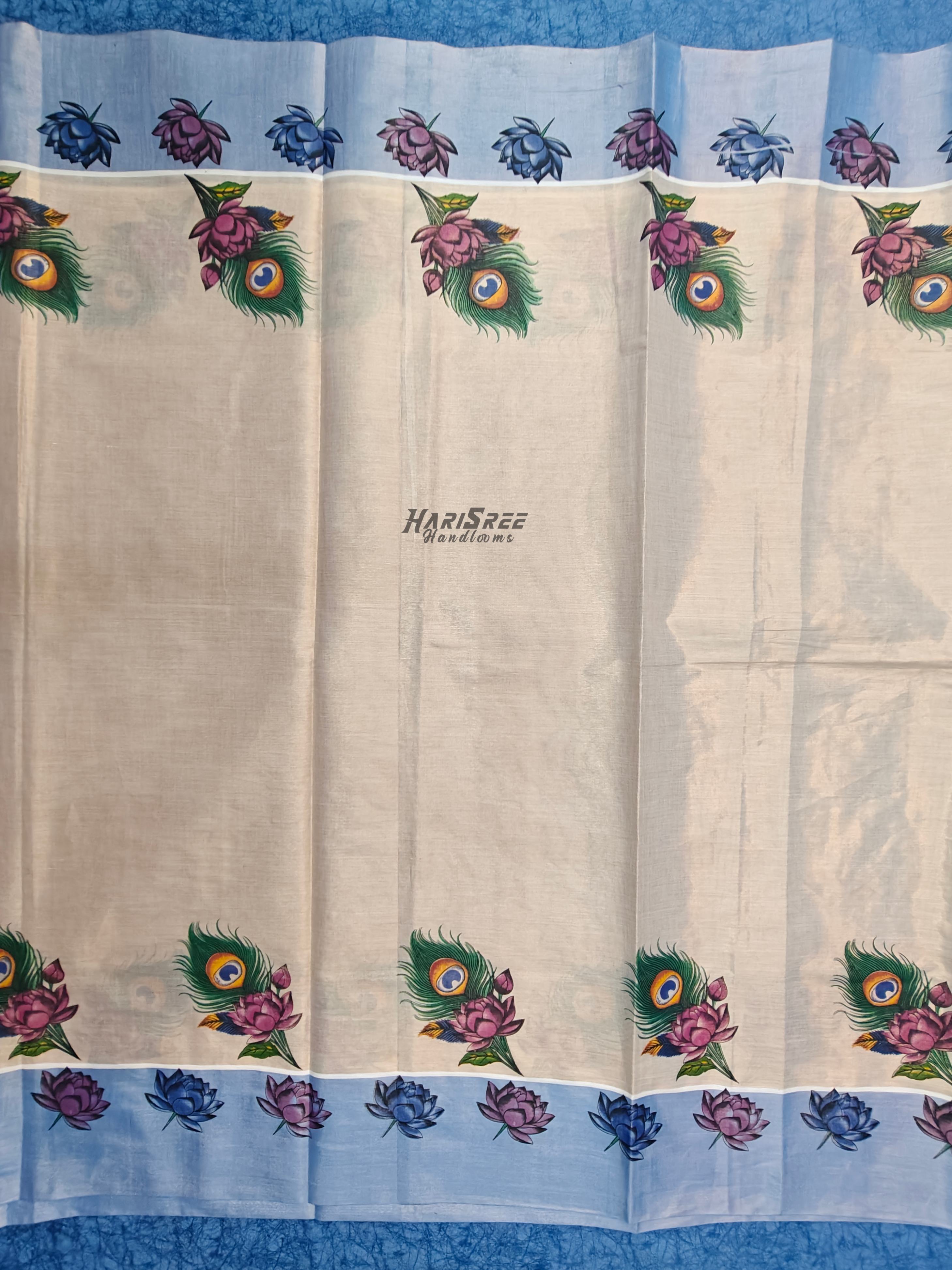 Traditional Kerala Kasavu Saree with Lotus and Peacock Feather Design - PR109 - Image 3