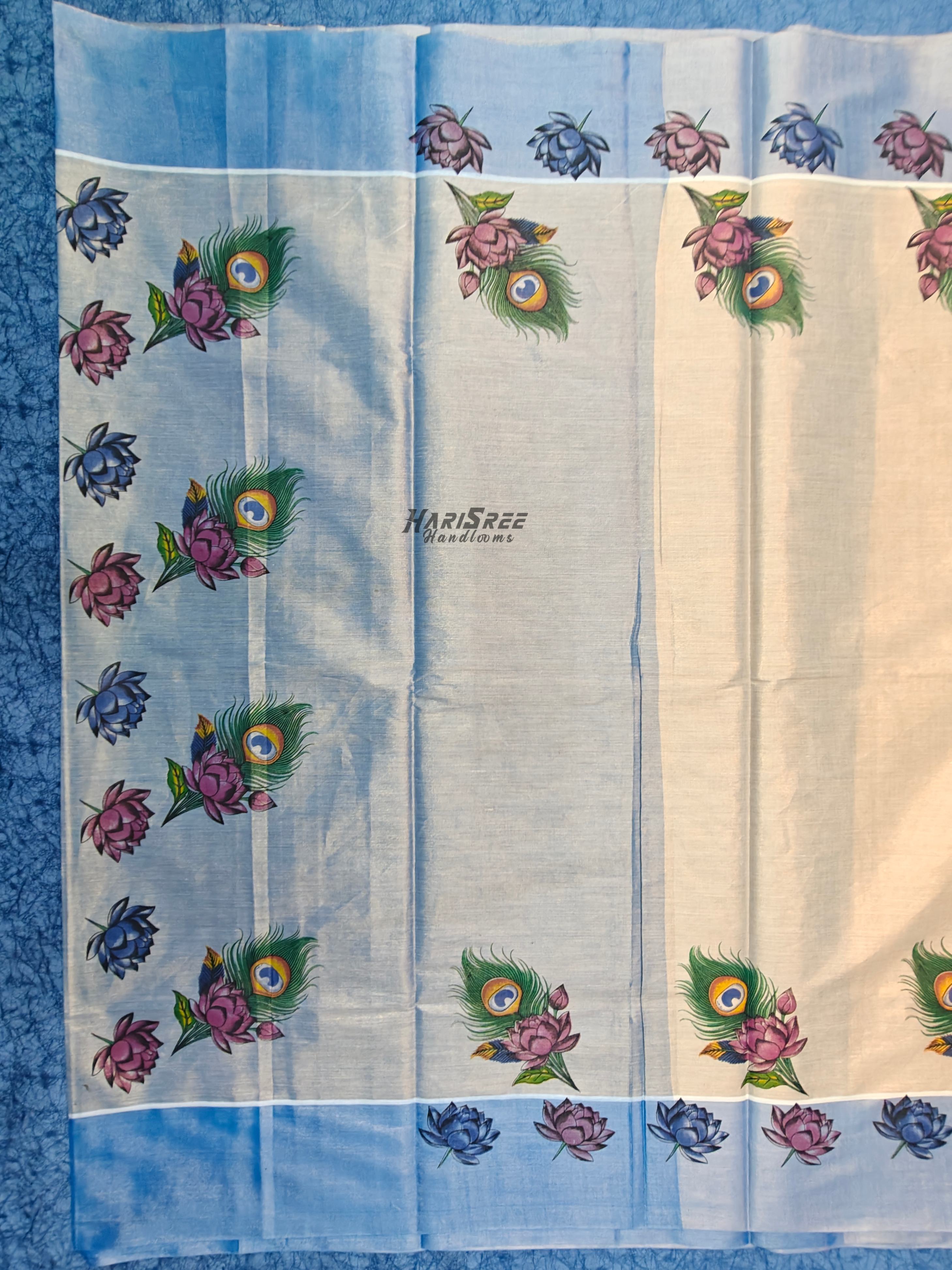 Traditional Kerala Kasavu Saree with Lotus and Peacock Feather Design - PR109 - Image 2