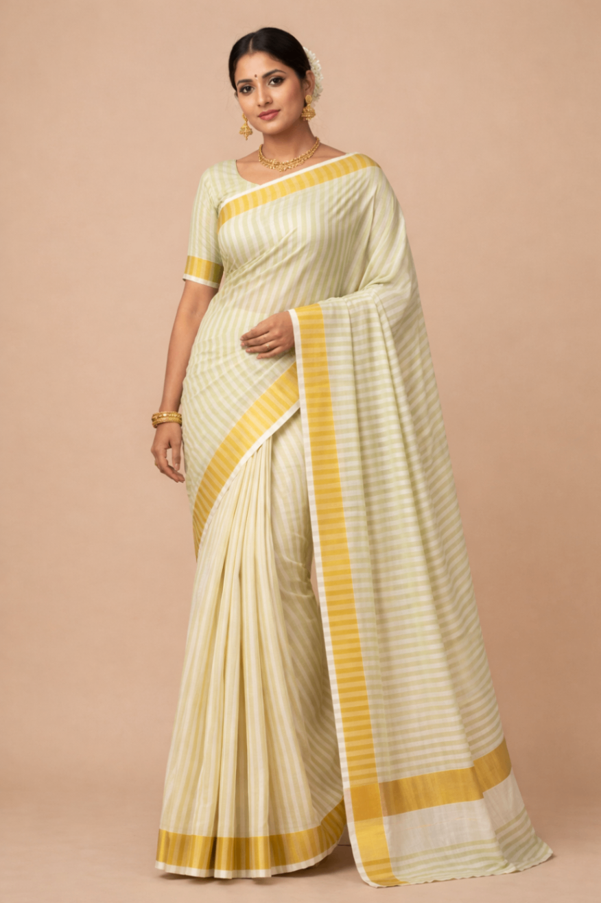 Cotton Light green Strips Set Saree - HT106