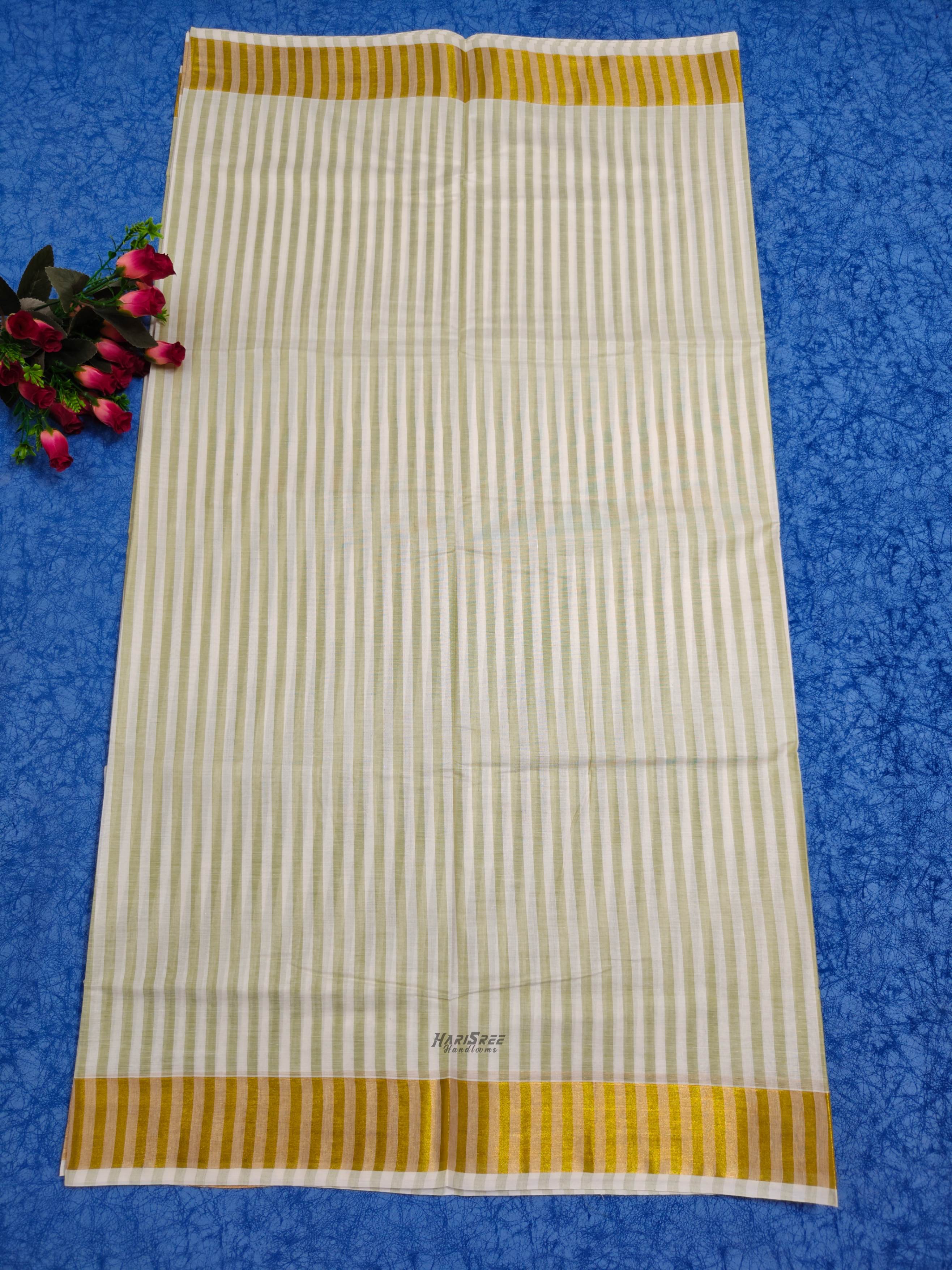 Cotton Light green Strips Set Saree - HT106 - Image 3