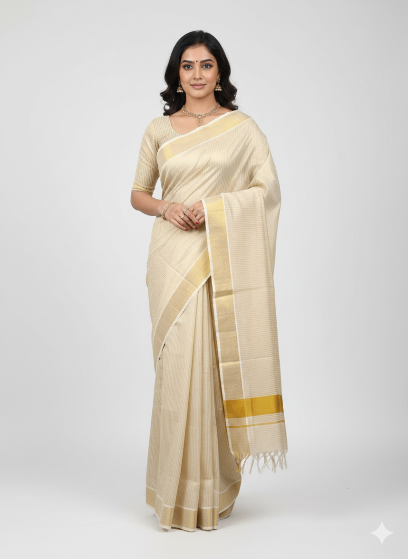Pure Cotton Kasavu Lines Kerala Saree - PMH101 - Image 1