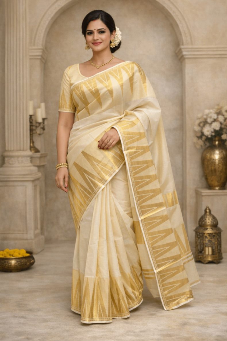 Cotton Big Temple Desigin Jacquard Set saree - VKT101 - Image 1