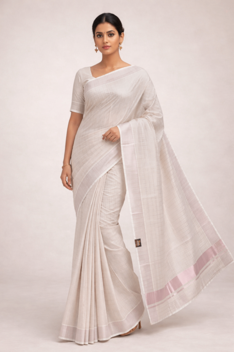 Rose Gold Tissue Checked Saree - HS101 - Image 1