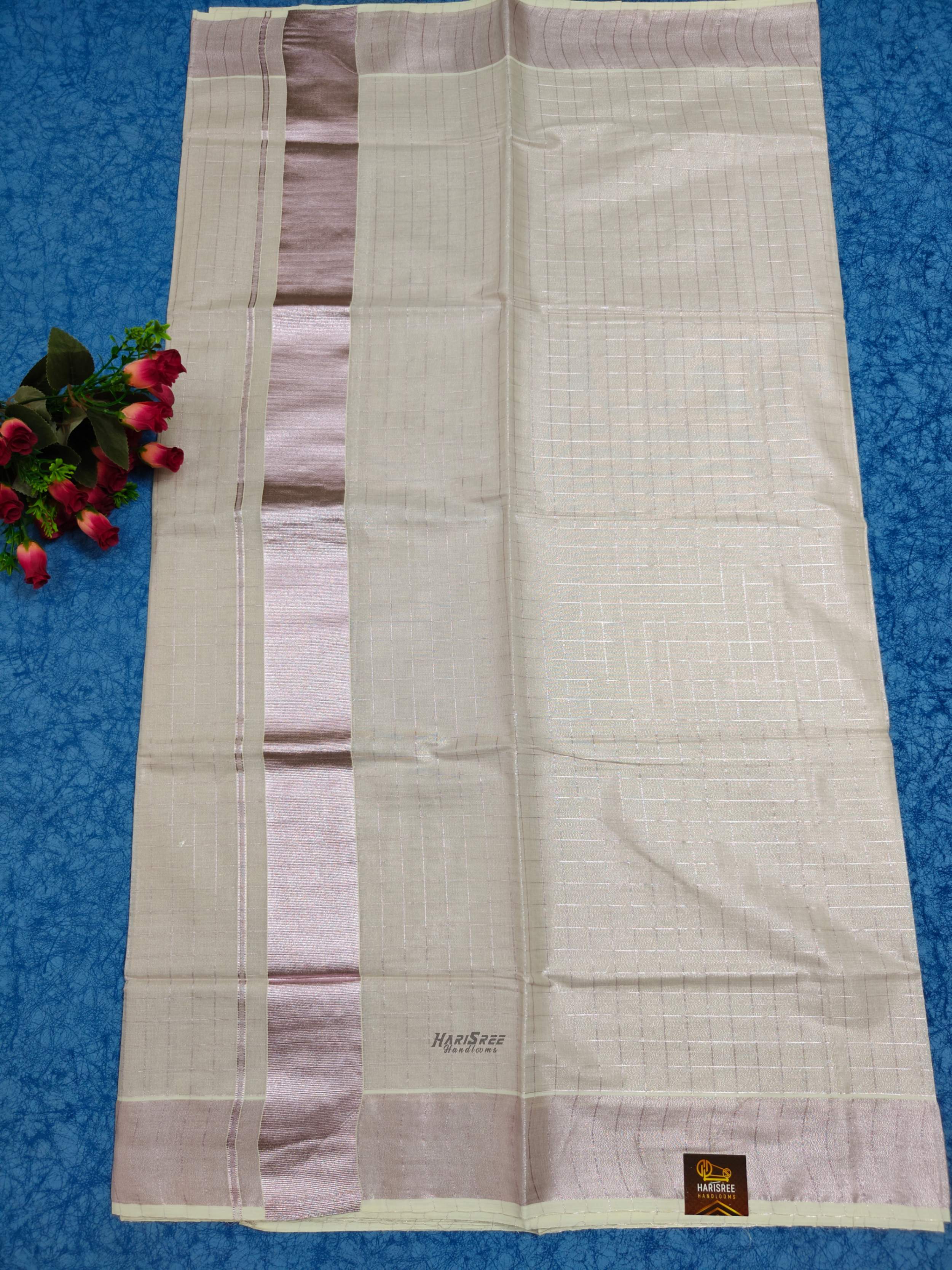 Rose Gold Tissue Checked Saree - HS101 - Image 4