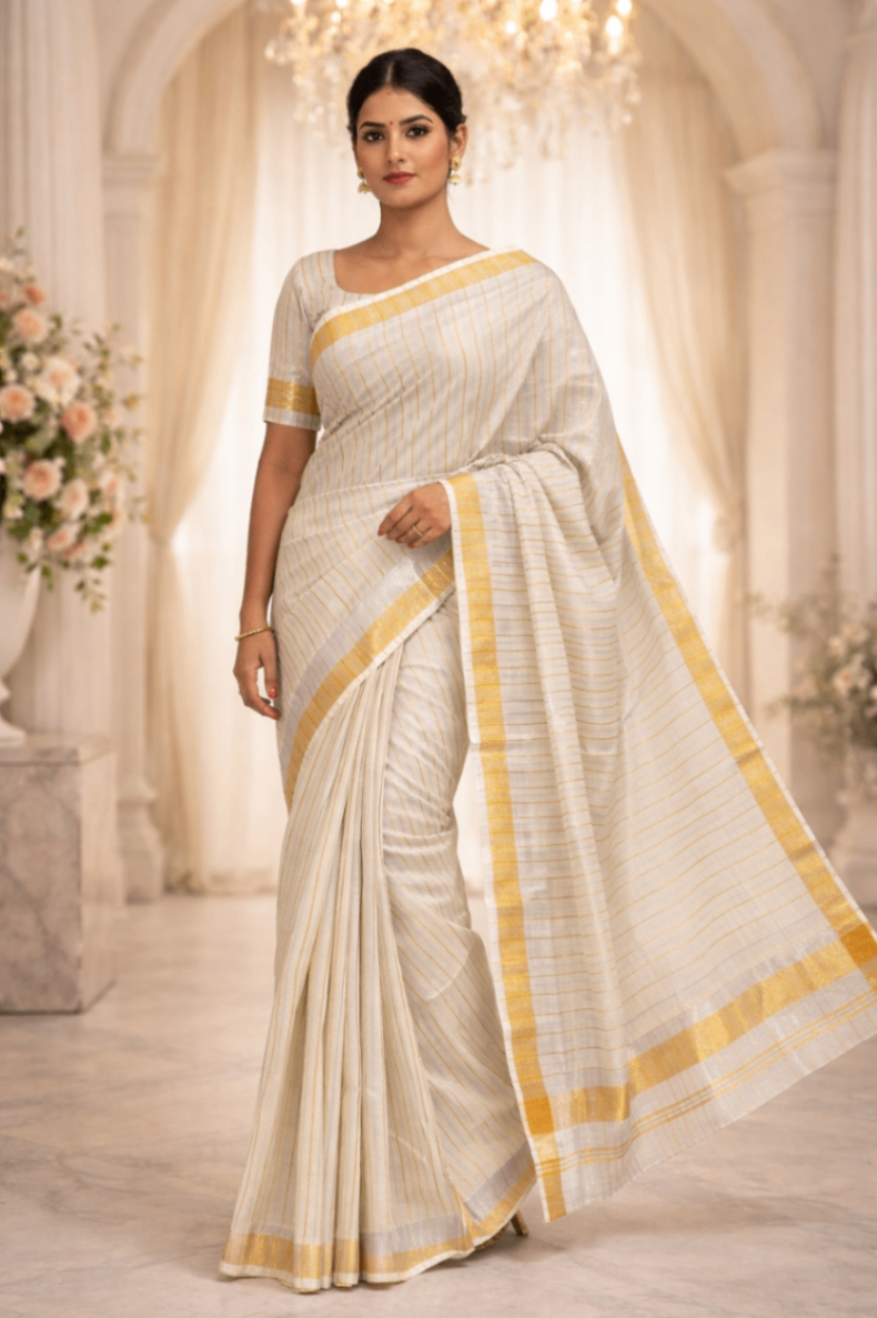 Cotton Gold & Silver Strips kerala Saree - HT107