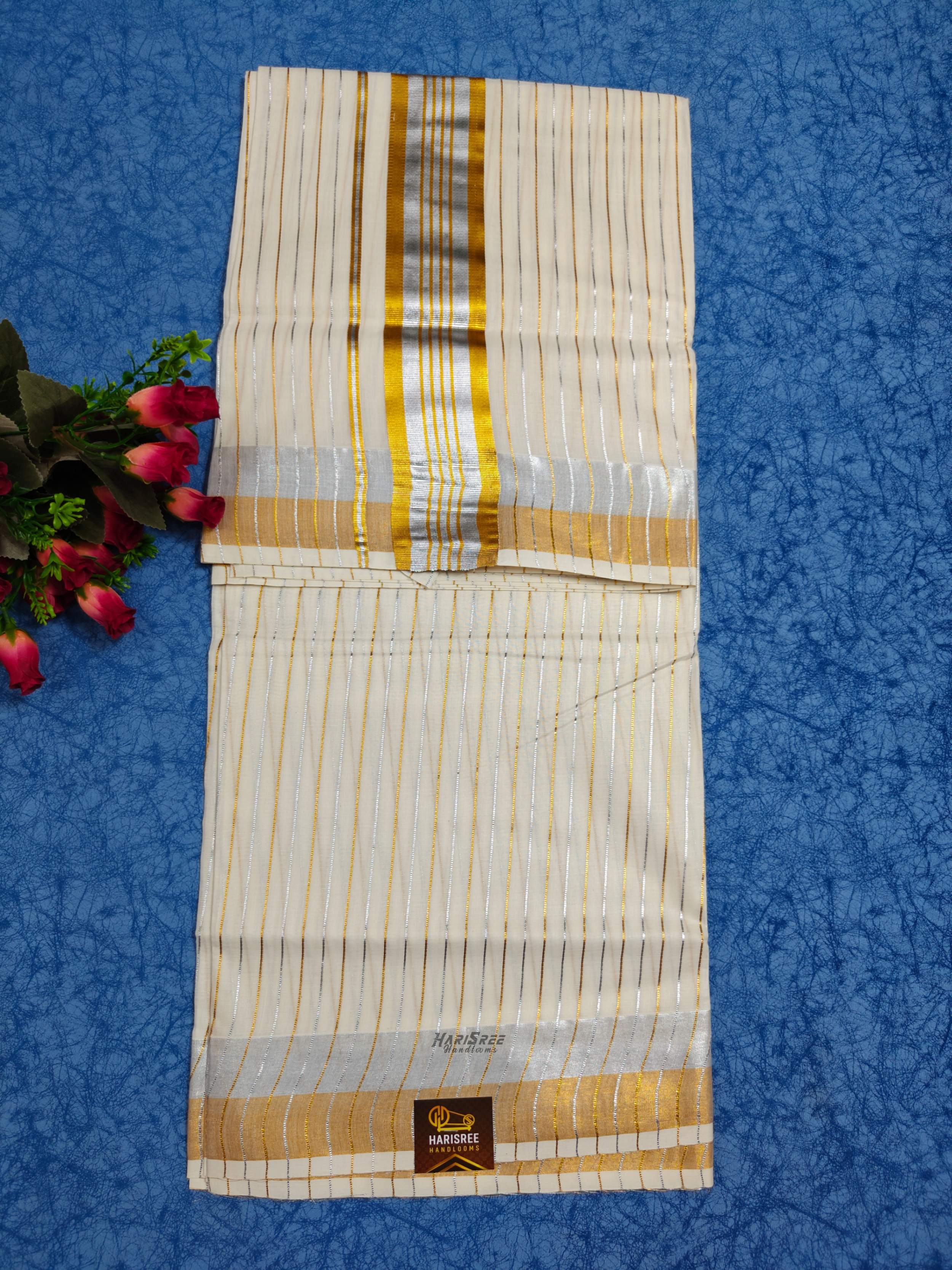 Cotton Gold & Silver Strips kerala Saree - HT107