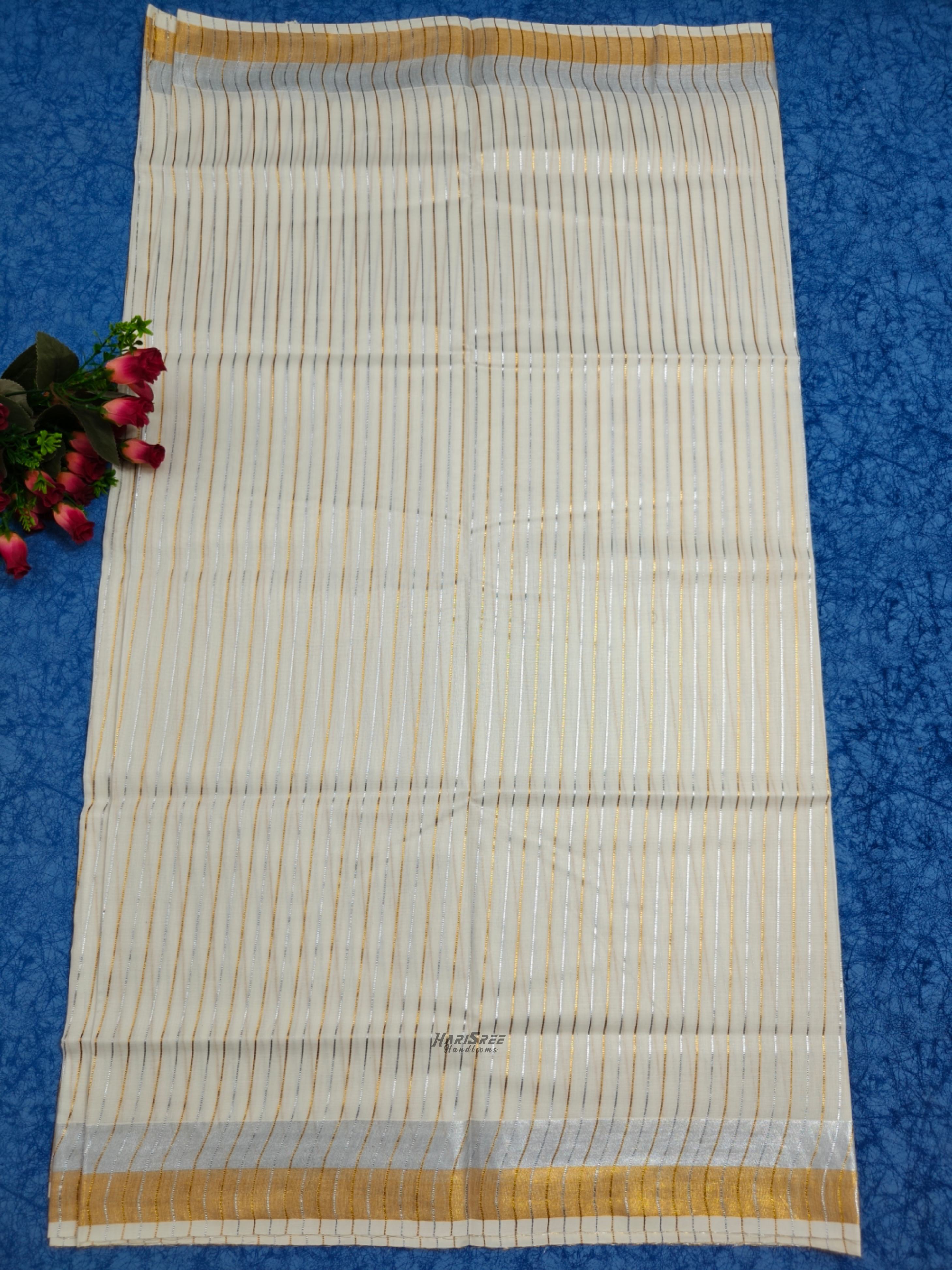 Cotton Gold & Silver Strips kerala Saree - HT107 - Image 4