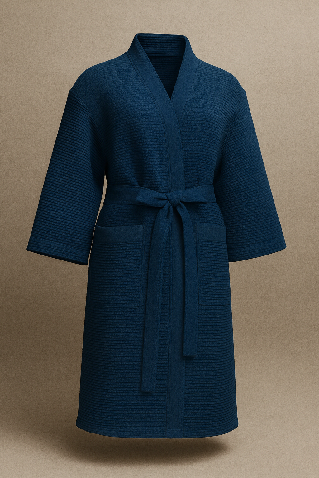 Dark blue bathrobe on neutral background