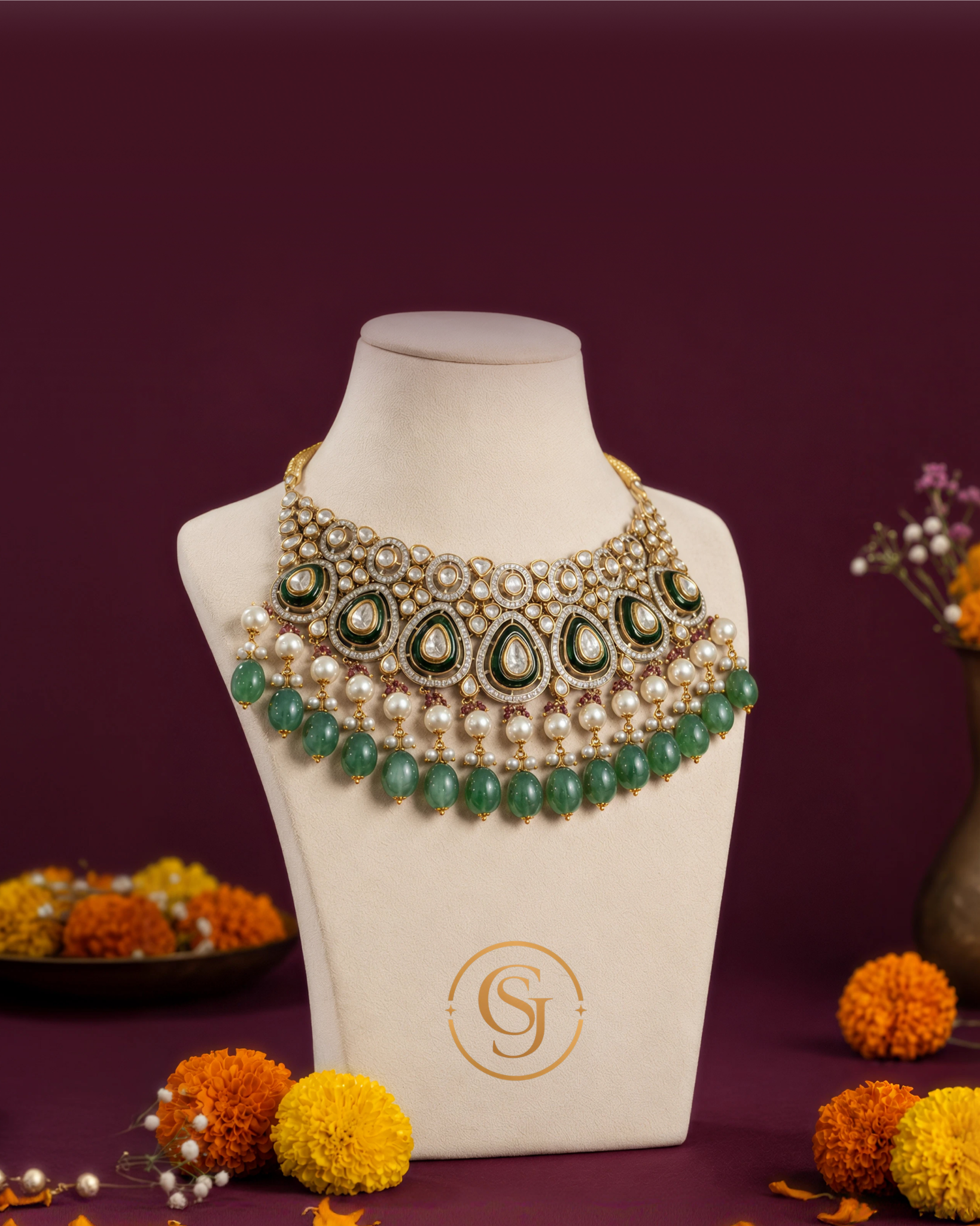 Green Kundan & Polki Choker Necklace with Pearl Drops