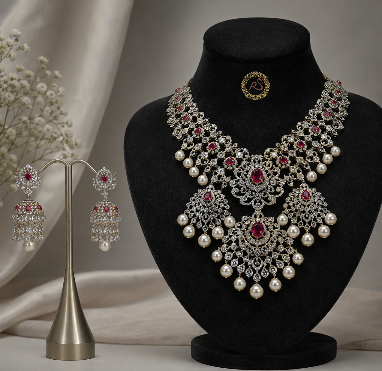 Bridal Ruby & Pearl Necklace Set with Matching Earrings