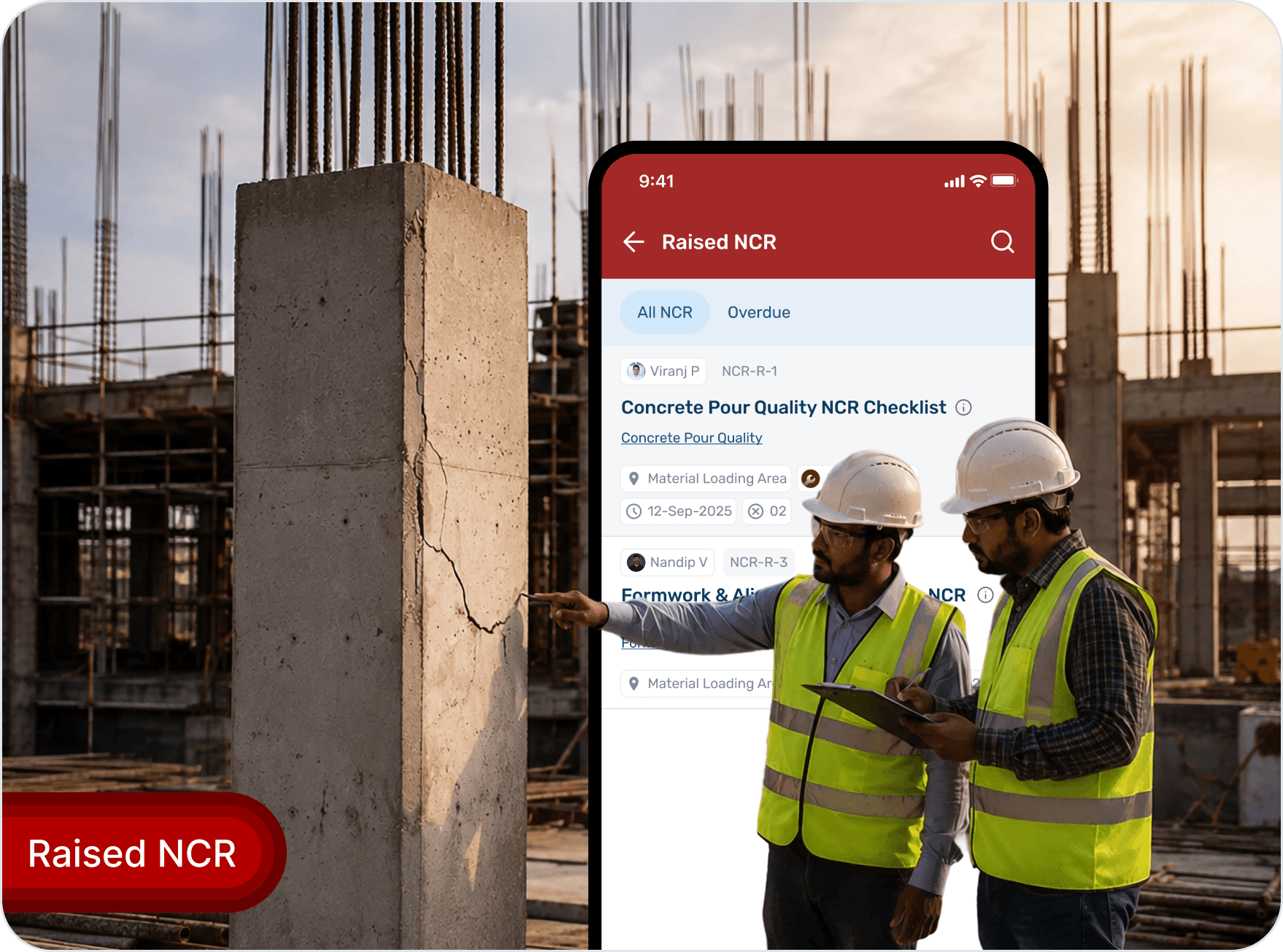 Site inspectors raising an NCR for a concrete defect