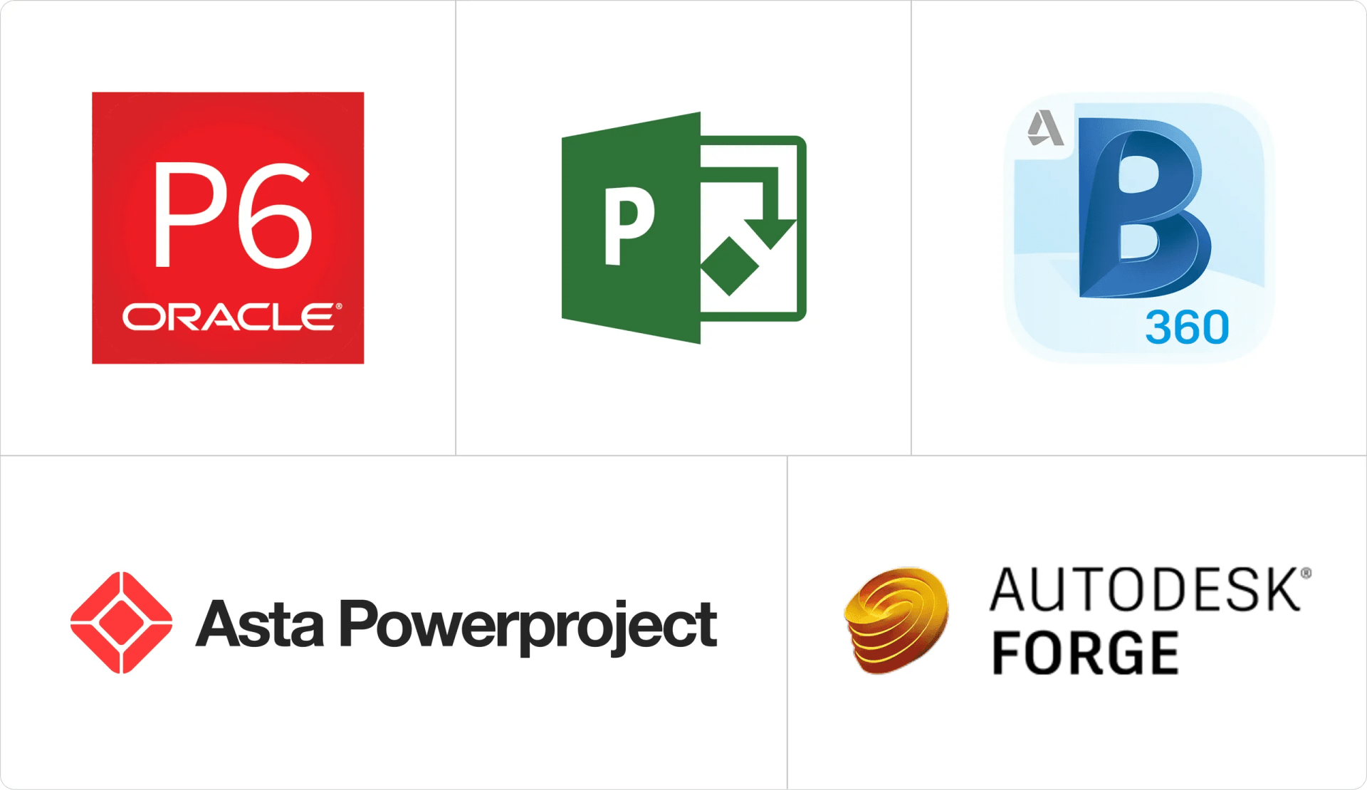 Primavera P6, Microsoft Project, BIM 360, Asta Powerproject, Autodesk Forge
