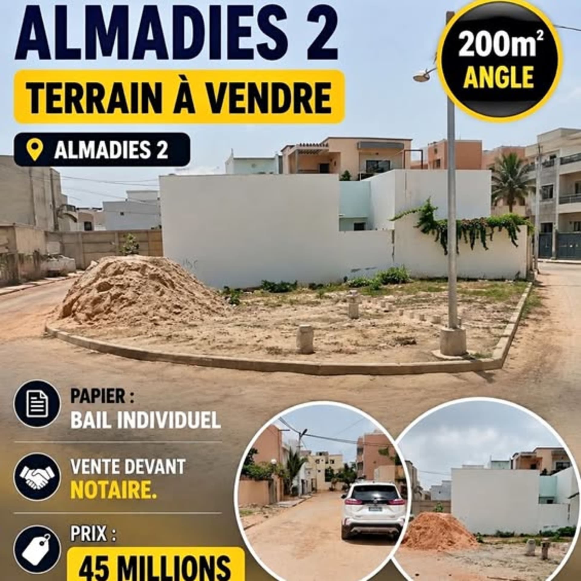*Almadies 2*  terrain à vendre  *200m2 angle* 
Papier : *