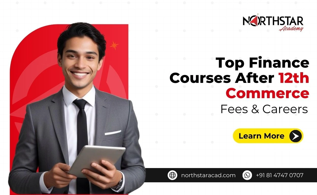 student exploring finance courses after 12th commerce, chart showing career options after 12th commerce, infographic of top finance courses with fees and careers