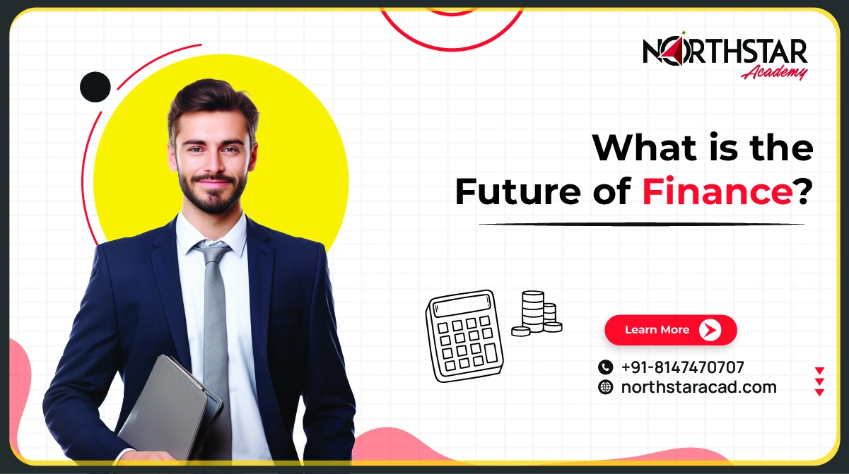digital transformation in finance industry, future finance professional analyzing data, infographic on fintech trends