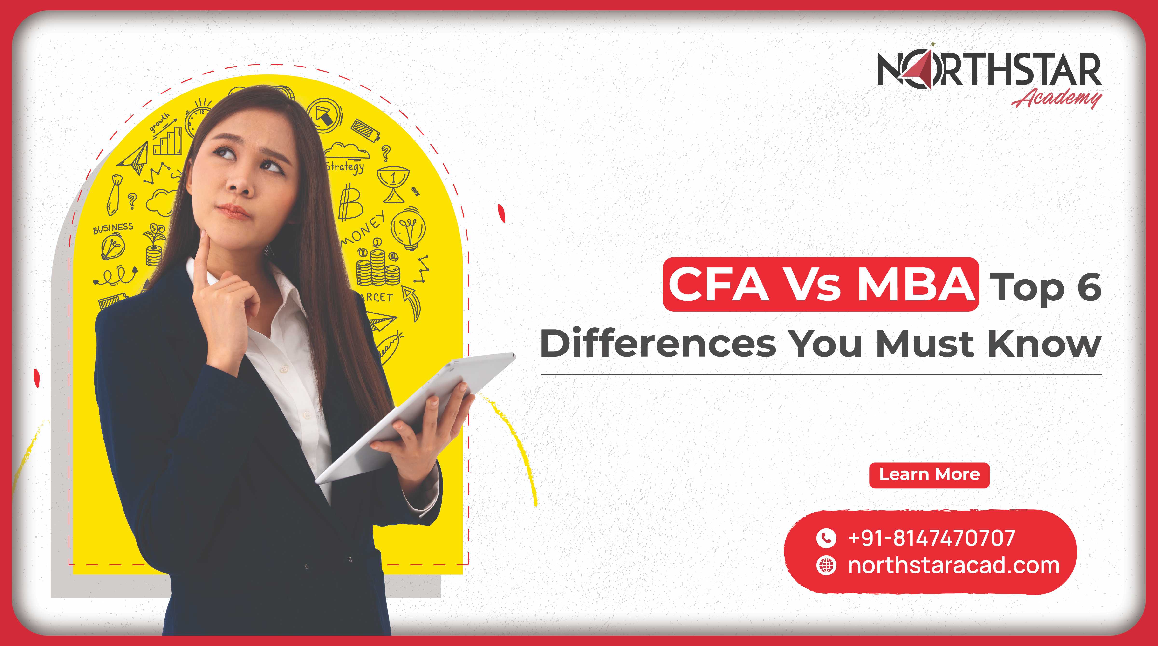 CFA vs MBA comparison infographic, business student choosing between CFA and MBA, salary comparison chart for CFA and MBA