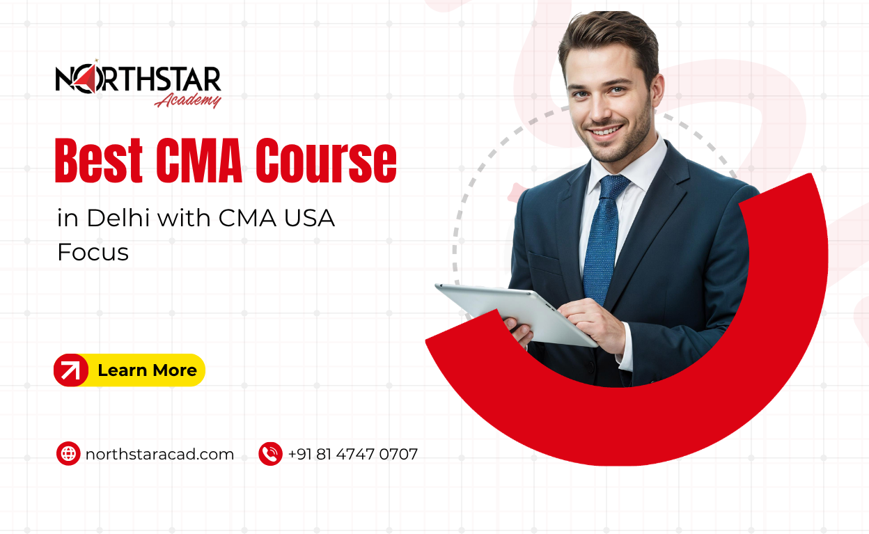 CMA USA students in Delhi classroom, CMA course brochure with job roles, coaching session for CMA USA in Delhi