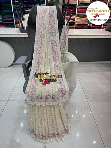 Light Cream Designer Partywear Saree with Heavy Lucknowi Jaal & Sequins Work