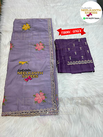 Floral Embroidered Organza Saree with Sequin Border