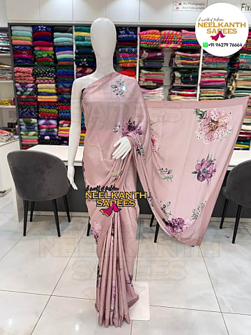 Italian Silk Flower Print Saree with Real Mirror Work & Swarovski Border