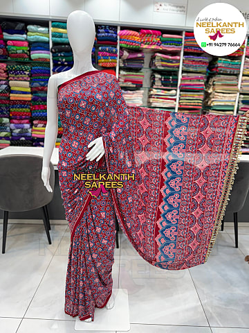 Ajrakh Printed Saree with Real Mirror Work & Fancy Latkans