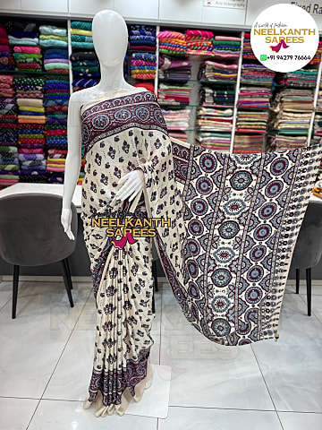 Ajrakh Printed Saree with Real Mirror Work
