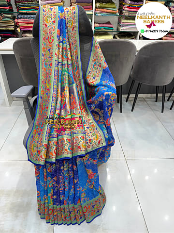 Paithani Kalamkari Bandhani Wedding Saree in Georgette Chiffon with Heavy Weaving Blouse