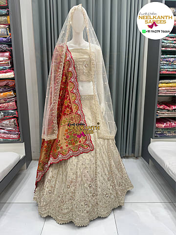 Beige Raw Silk Designer Bridal Lehenga with Heavy Handwork & Pathani Pochampally Dupatta