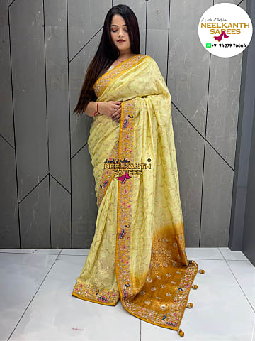 Lemon Yellow Premium Handwork Wedding Saree with Mustard Ombré Pallu
