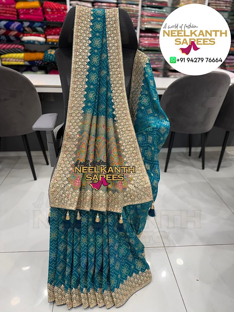 Elegant Teal Bandhani Saree | Buy Online at Neelkanth Sarees