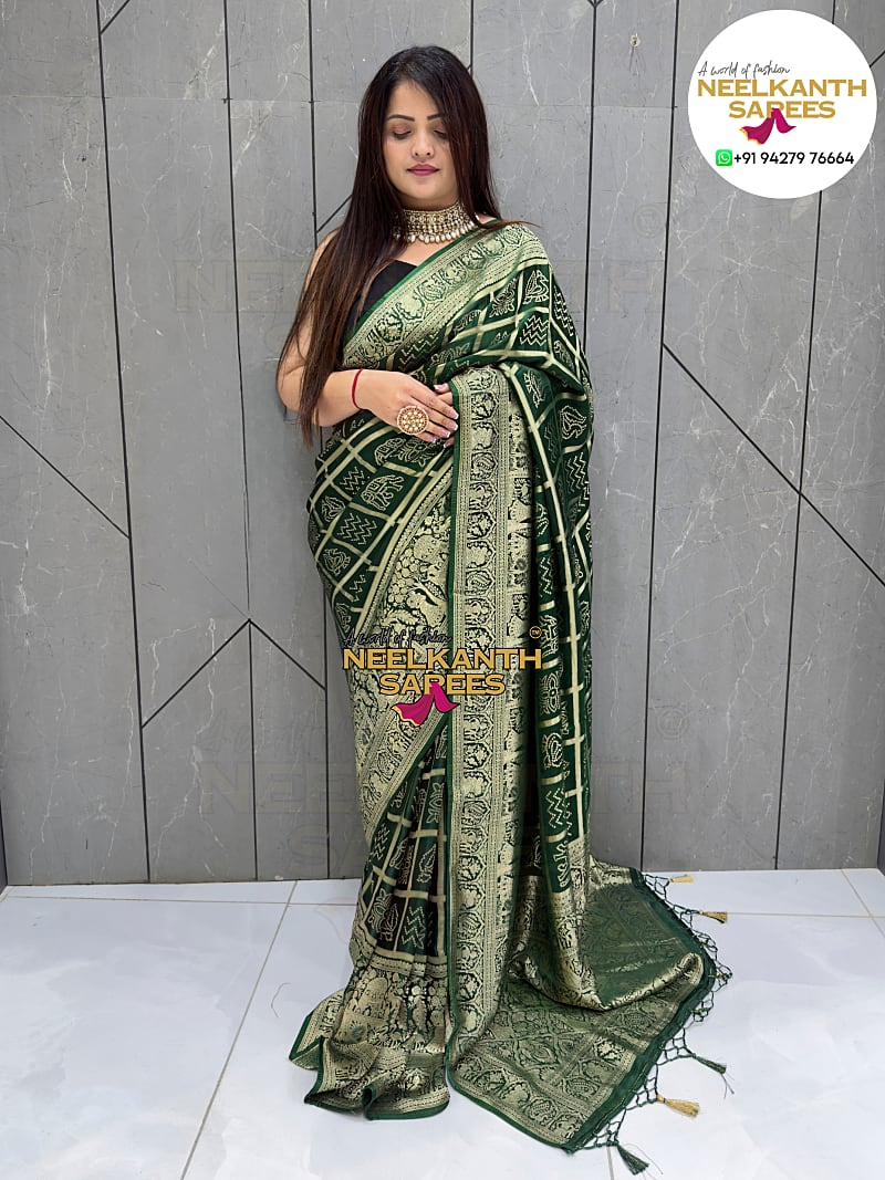 Gaji Silk Resham Woven Bandhej Saree with Nakshi Pallu & Heavy Border