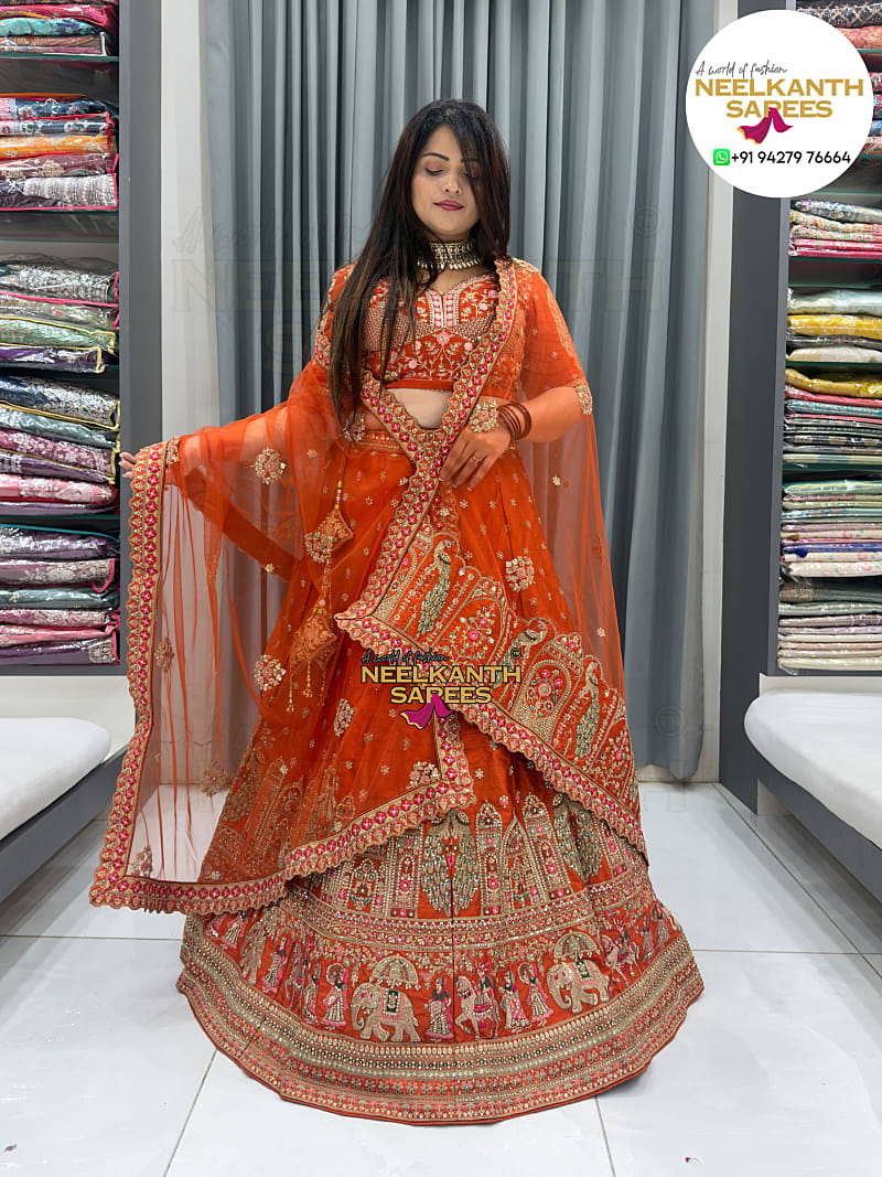 Royal Orange Handwork Bridal Lehenga Choli with Double Dupatta