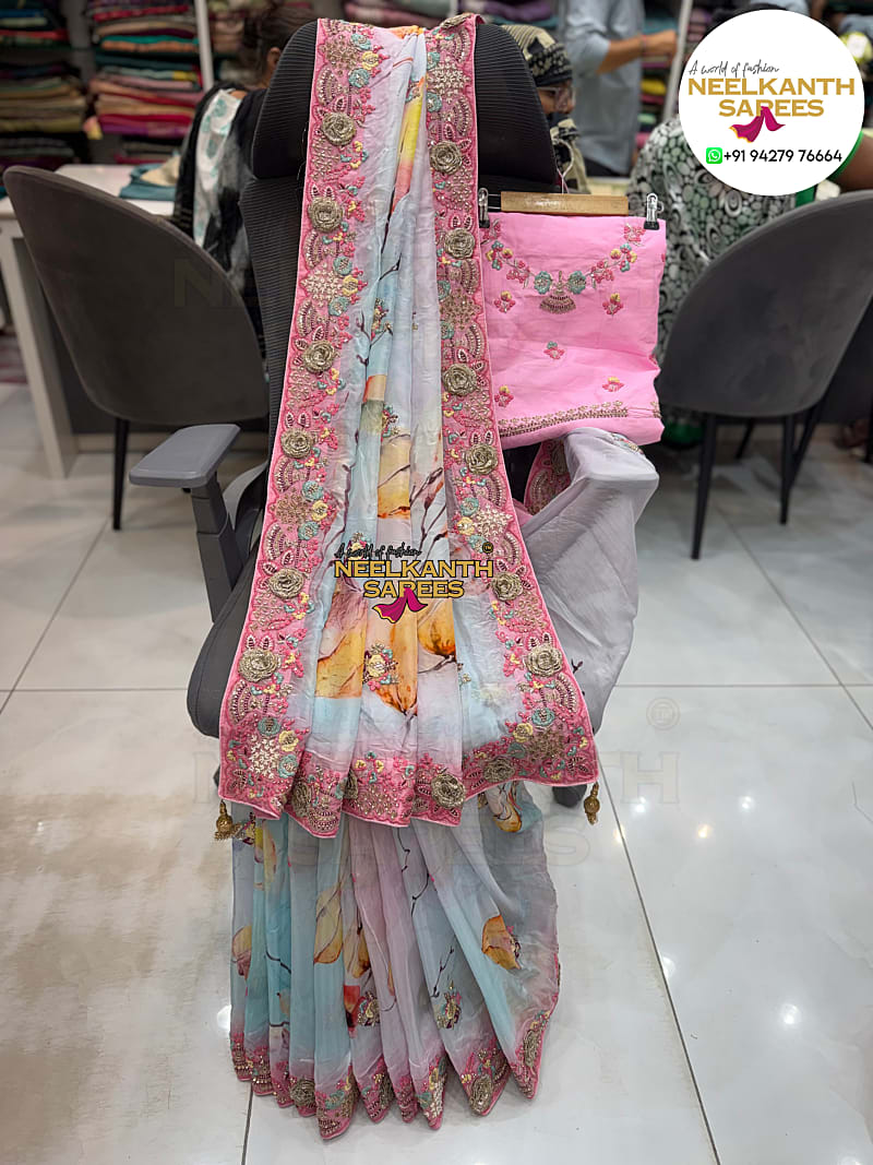Crepe Tissue Silk Wedding Saree with Heavy Handwork (Kasab, Pearl & Sequins Work)