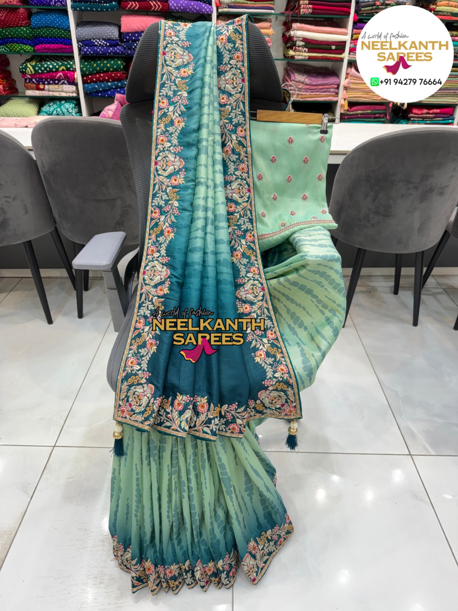Designer Shibori Saree with Heavy Embroidered Border & Blouse