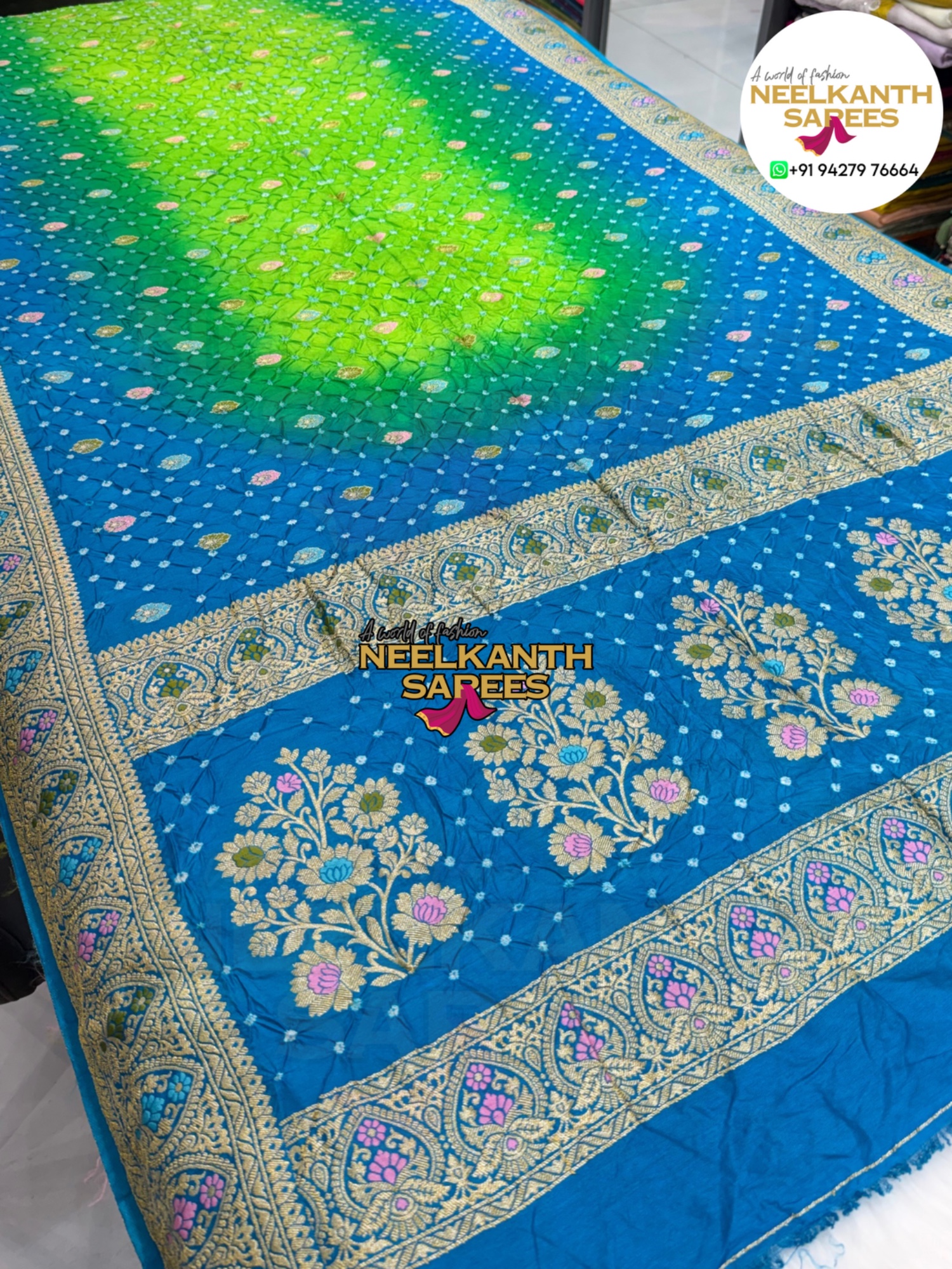 Soft Malai Silk Base Bandhani Saree with Meenakari Work