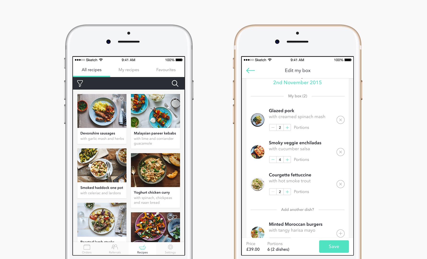 Examples of the recipes view and the user editing their box.