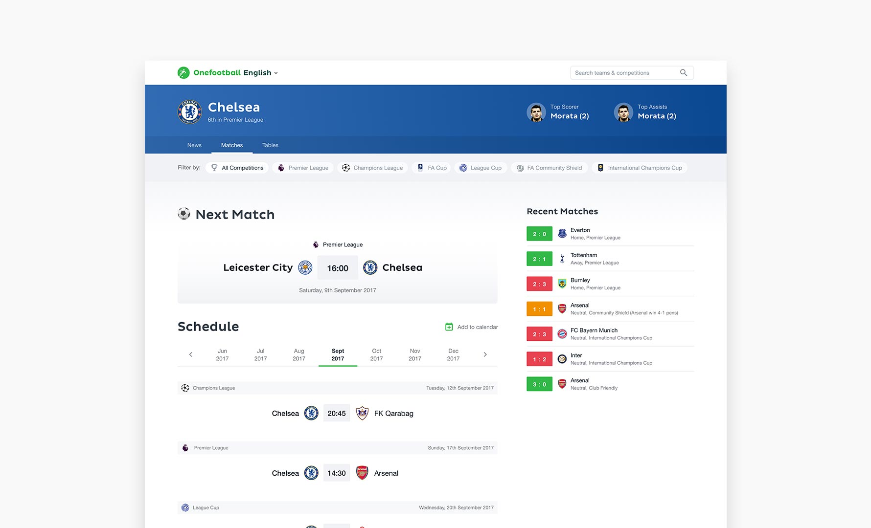 Screen showing Chelsea's upcoming fixtures and past scores.