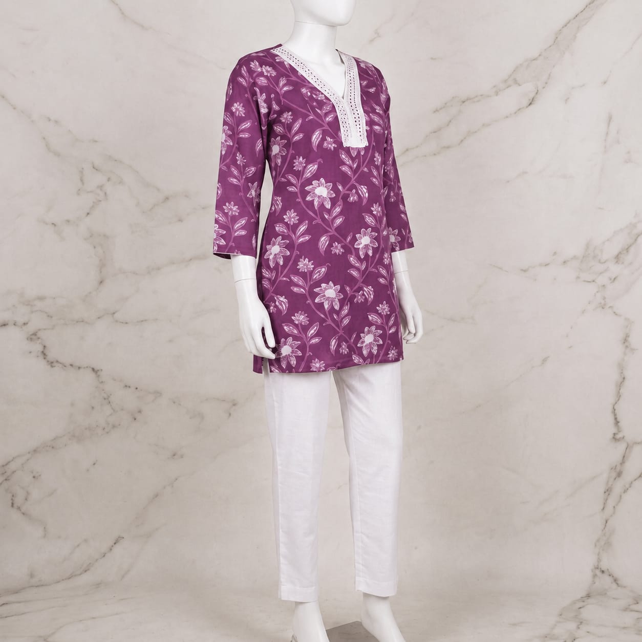 Women's Dusty Purple Floral Printed Cotton Kurti with Lace V-Neck | 3/4 Sleeves